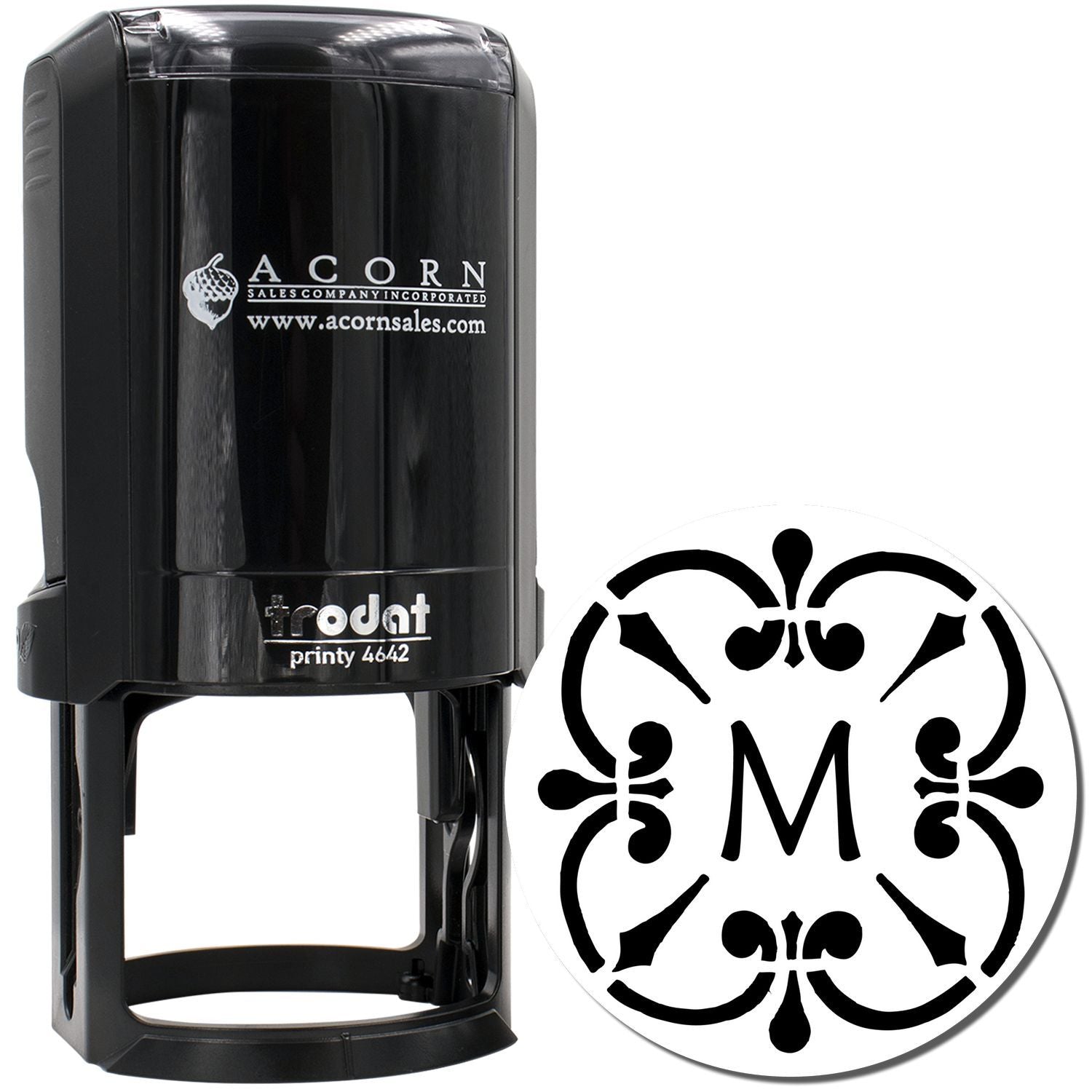 Black self-inking custom rubber stamp with decorative monogram M design, Trodat Printy 4642, ideal for personal branding.