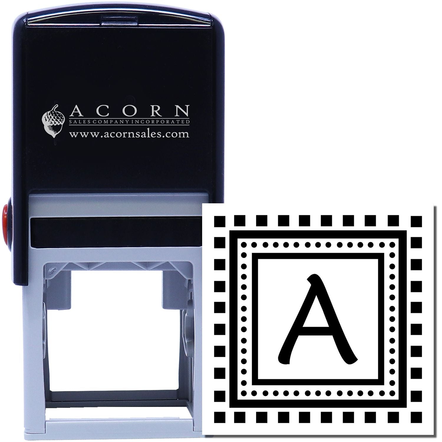 Custom self-inking rubber stamp with decorative letter A imprint for branding, monograms, and office marking.
