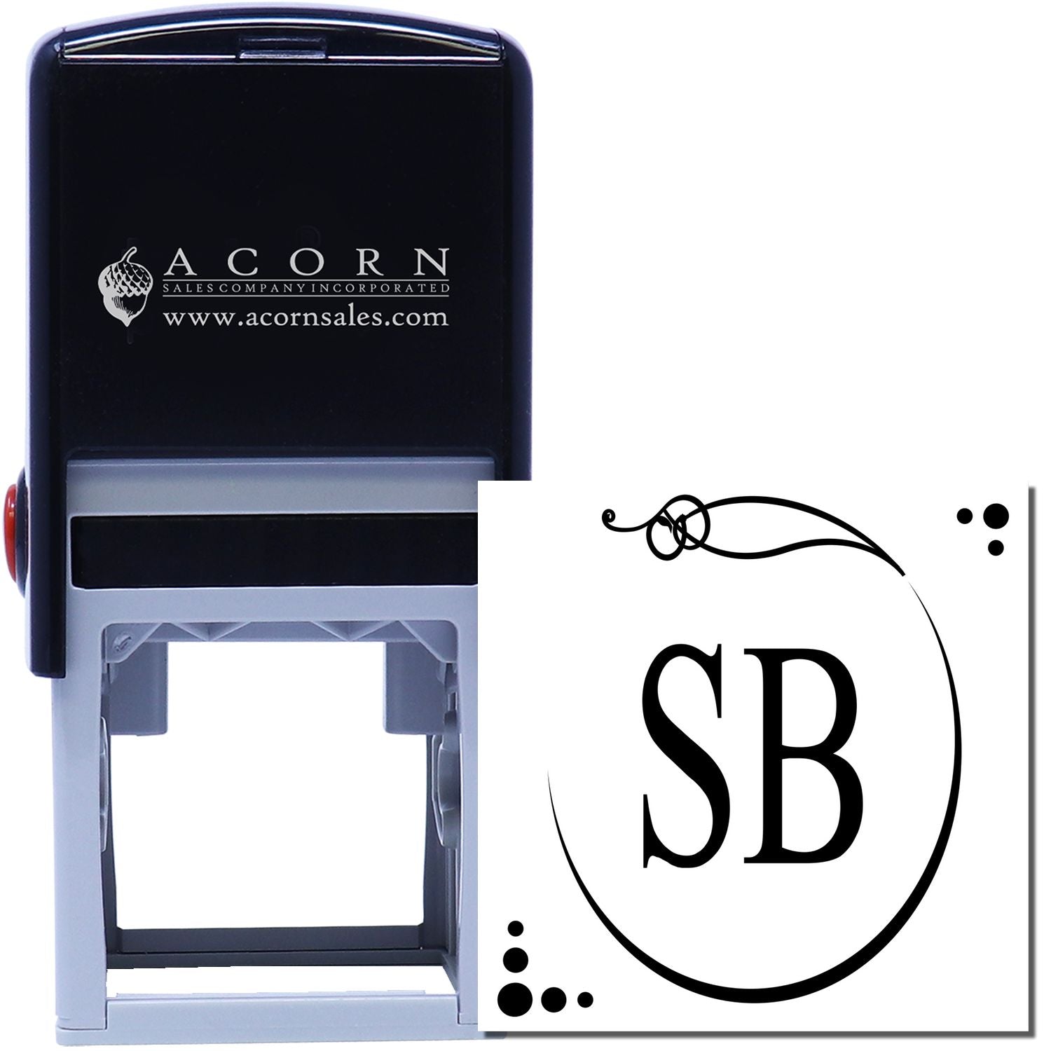 Custom self-inking rubber stamp with SB monogram and decorative oval border for personalized stationery, branding, or wedding use.