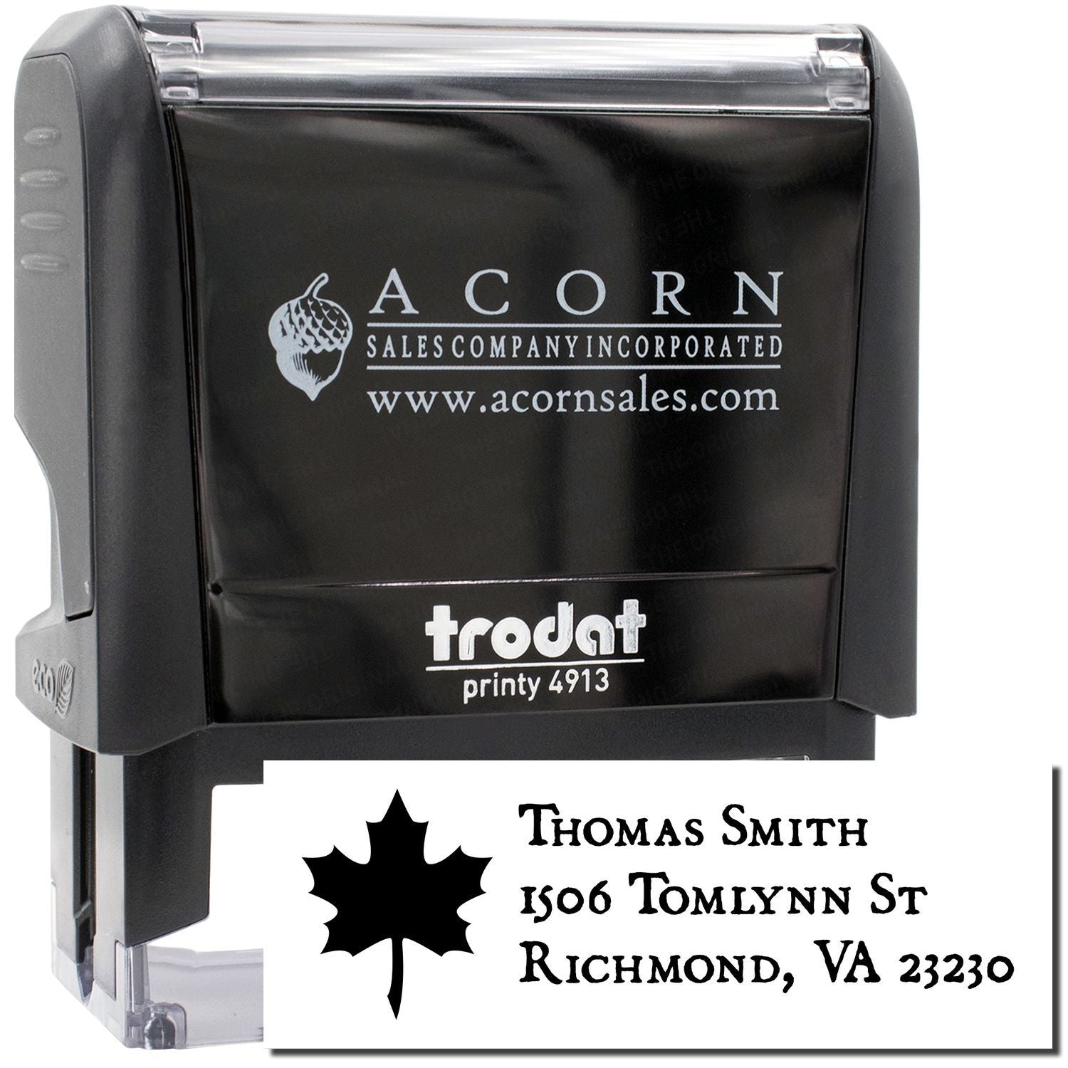 Personalized self-inking Trodat address stamp with custom logo and return address for business or mail use.