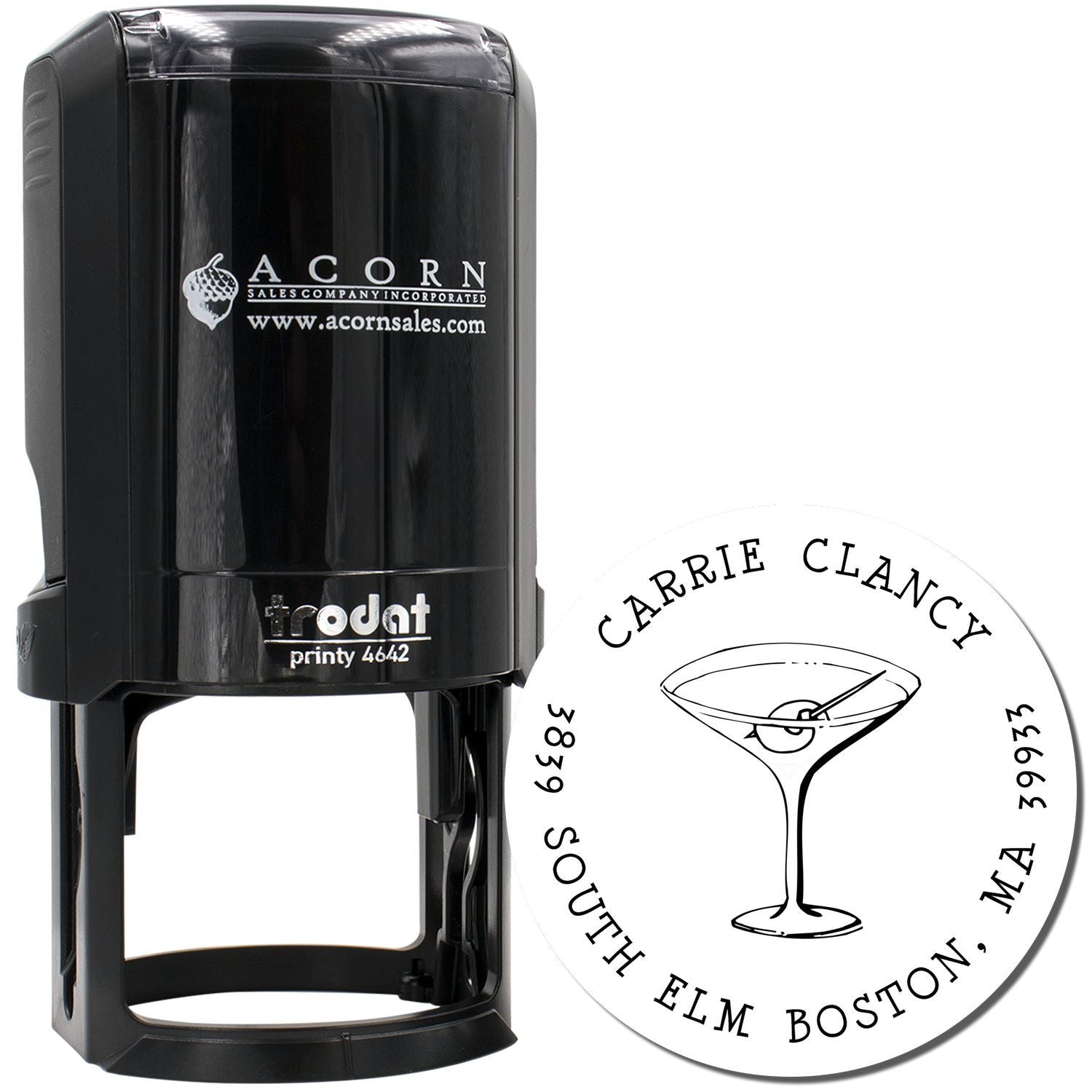 Custom self-inking rubber stamp with round martini-logo name and address imprint for business branding.