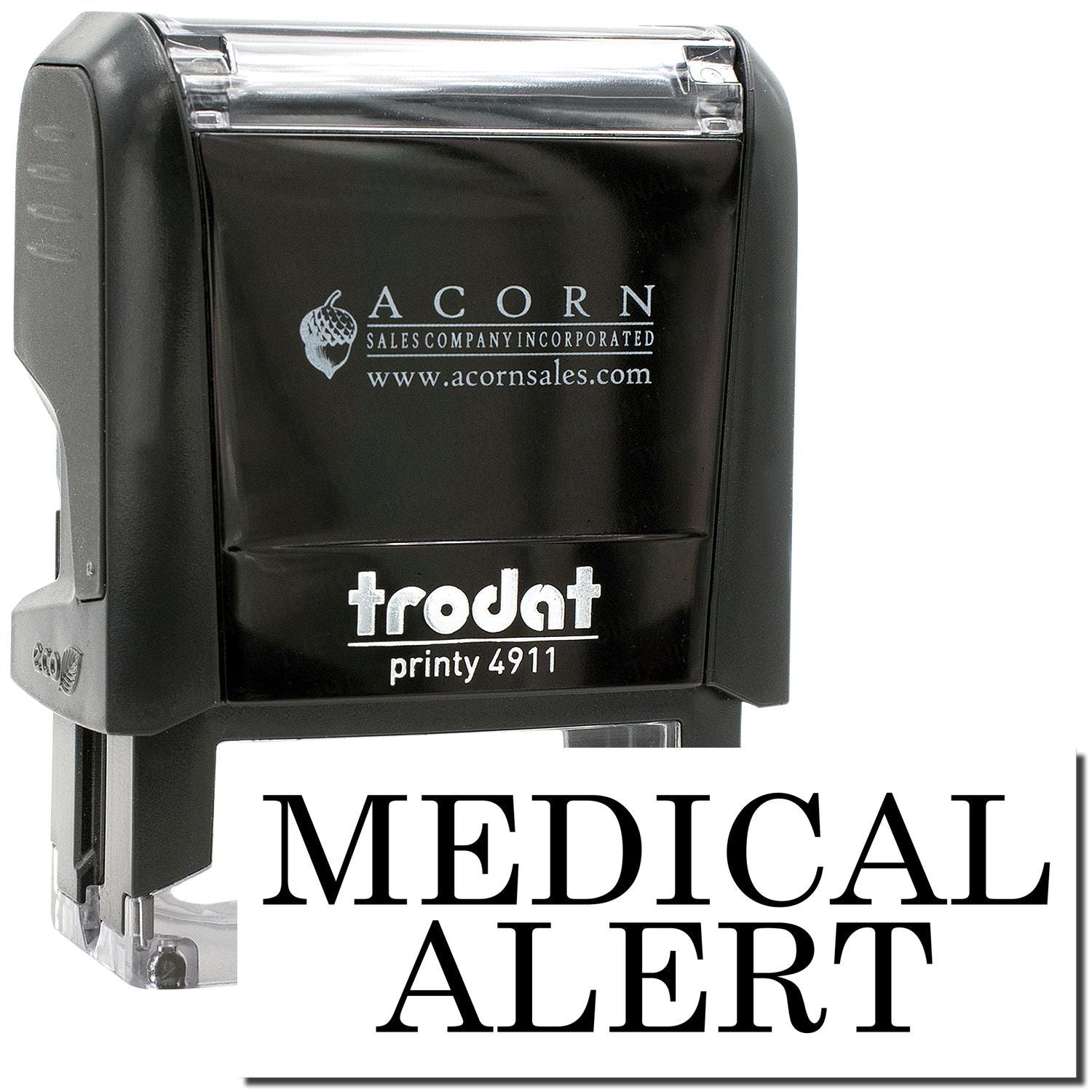 Black Trodat Printy 4911 self-inking medical alert stamp by Acorn Sales Company.