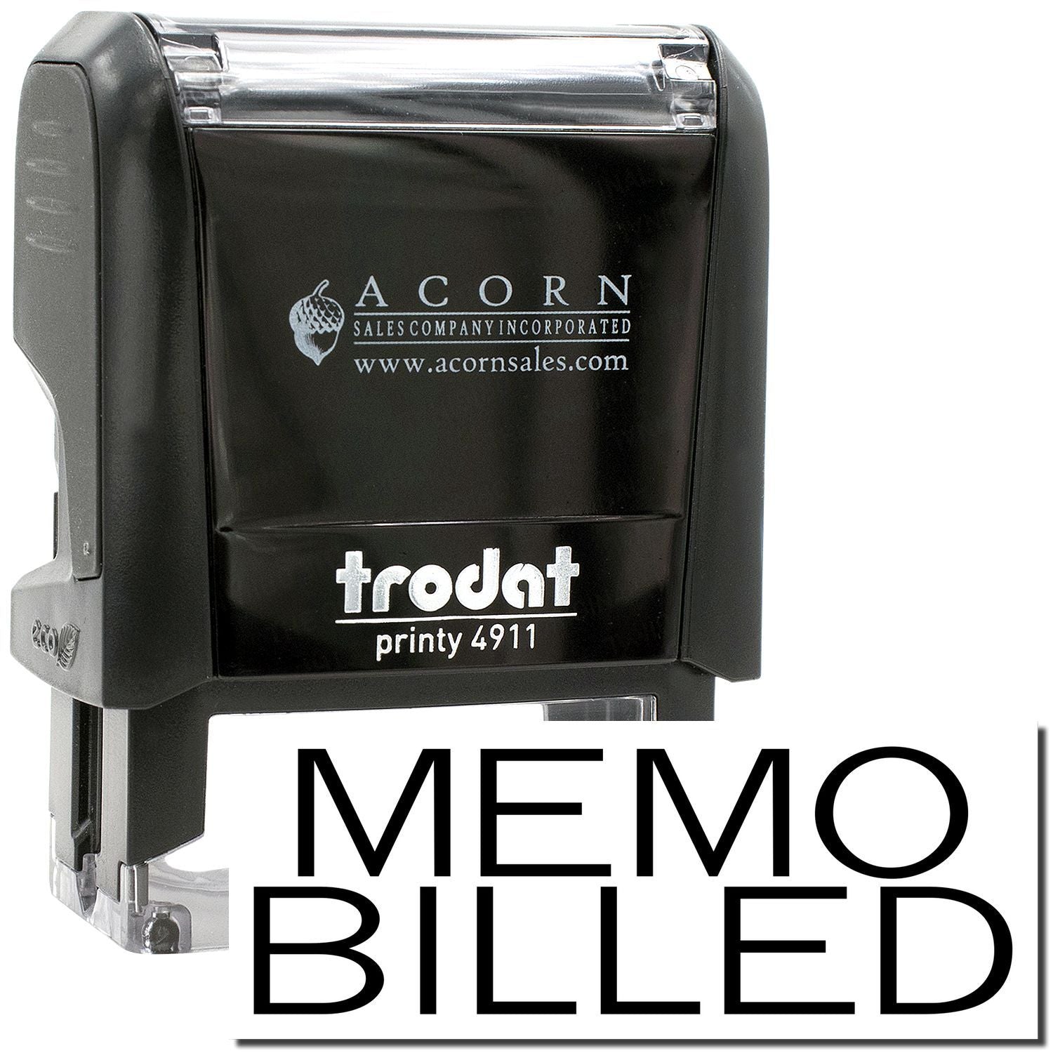 Trodat Printy 4911 self-inking memo billed stamp with Acorn Sales Company logo, black office rubber stamp printer.