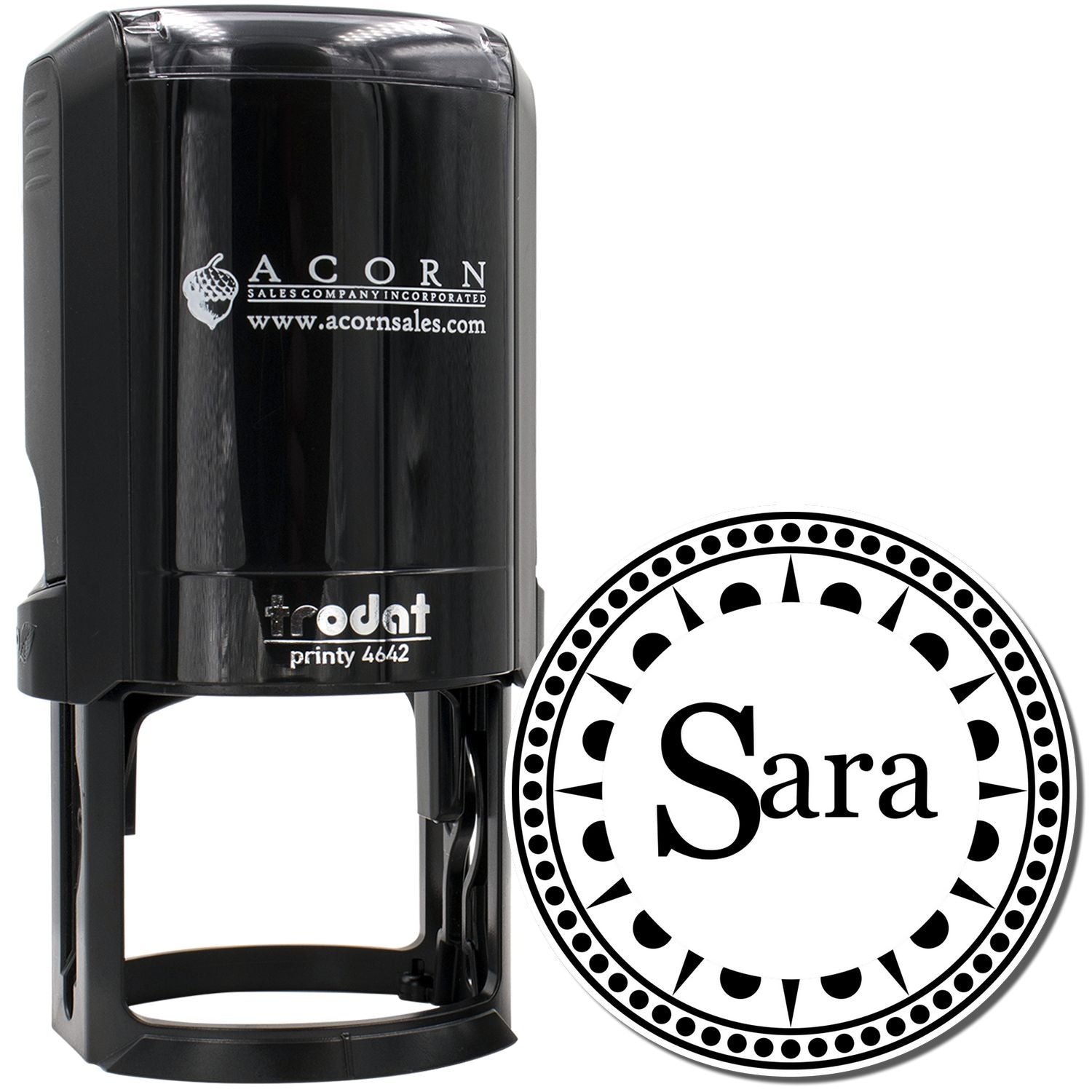 Custom self-inking rubber stamp with round monogram for Sara, Trodat Printy 4642 personalized name stamp