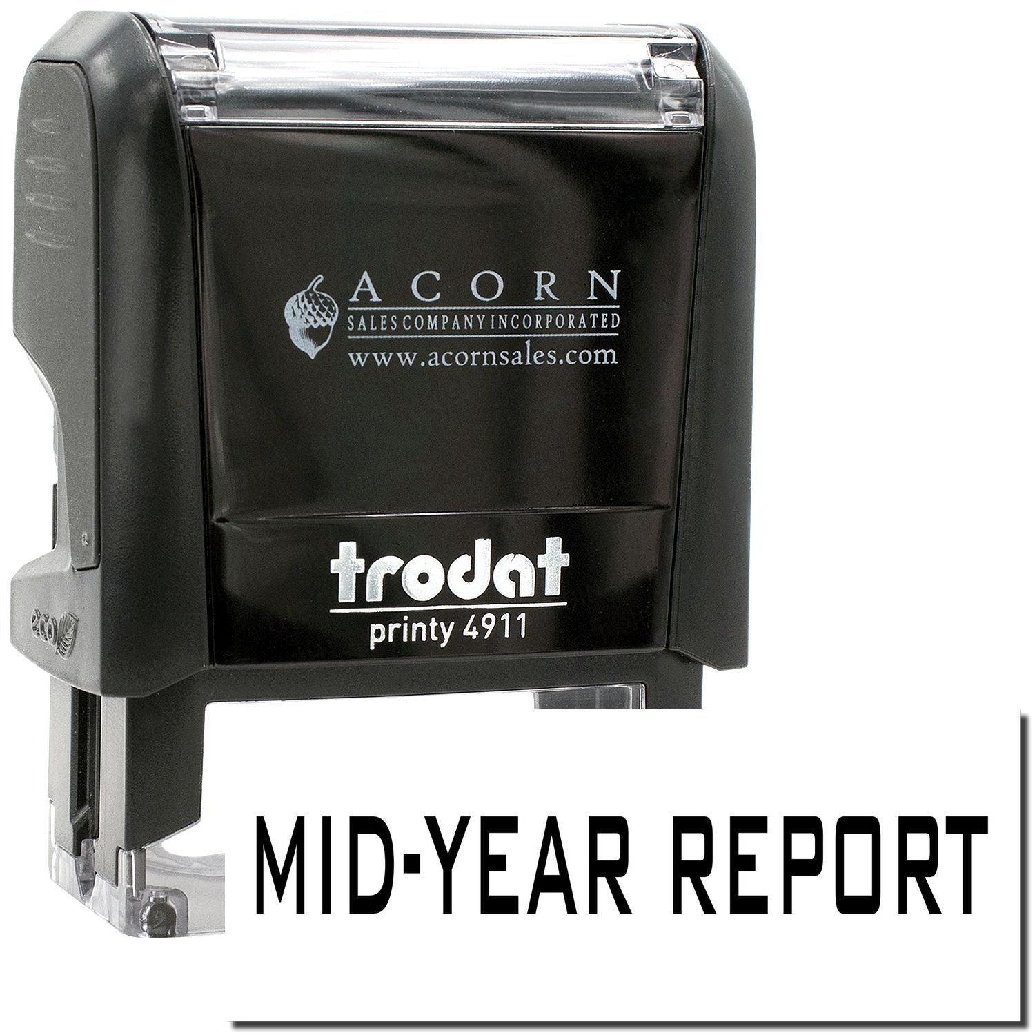 Black Trodat Printy 4911 self-inking stamp with Mid-Year Report text, custom office rubber stamp