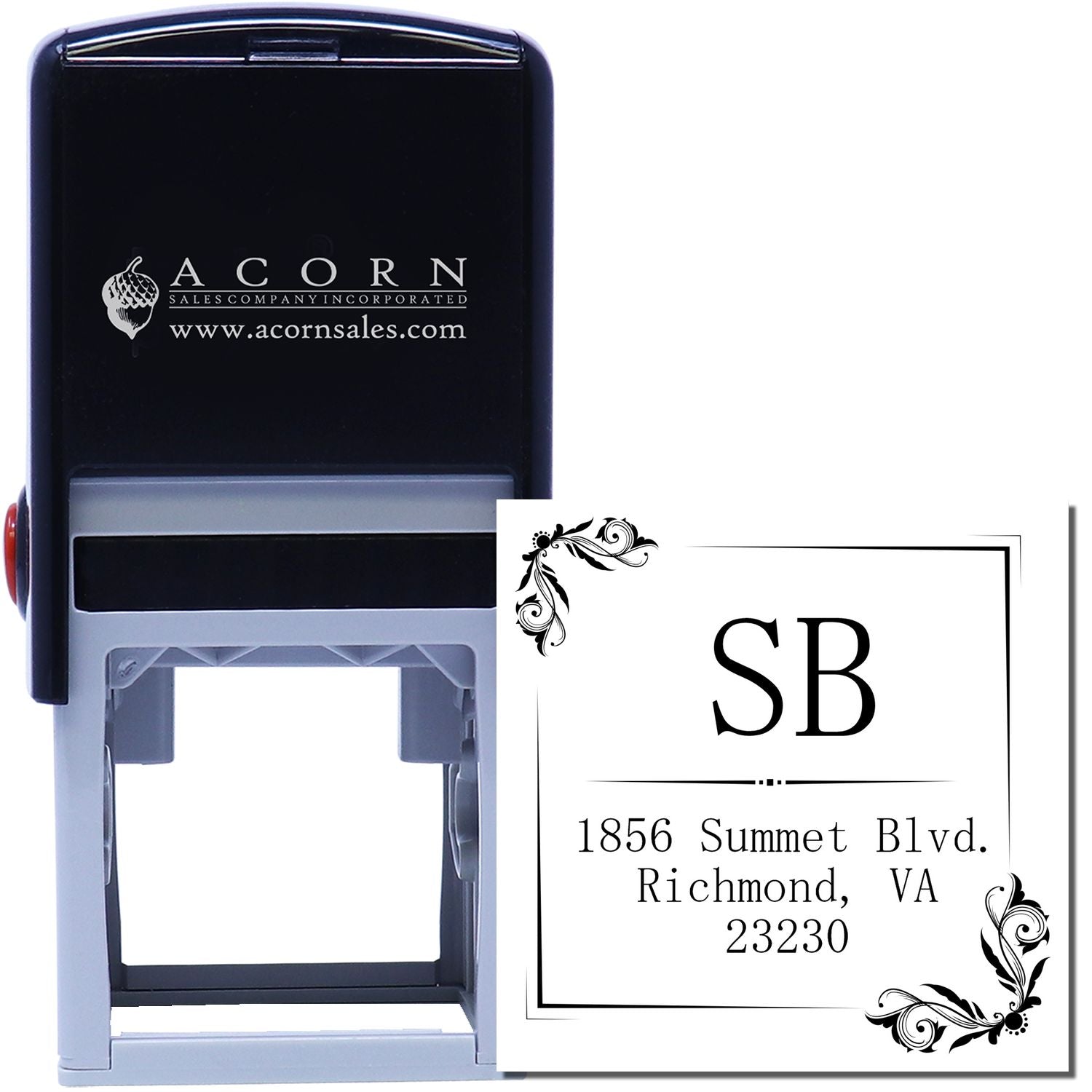 Custom self-inking address rubber stamp with monogram and decorative border for professional envelope imprinting.