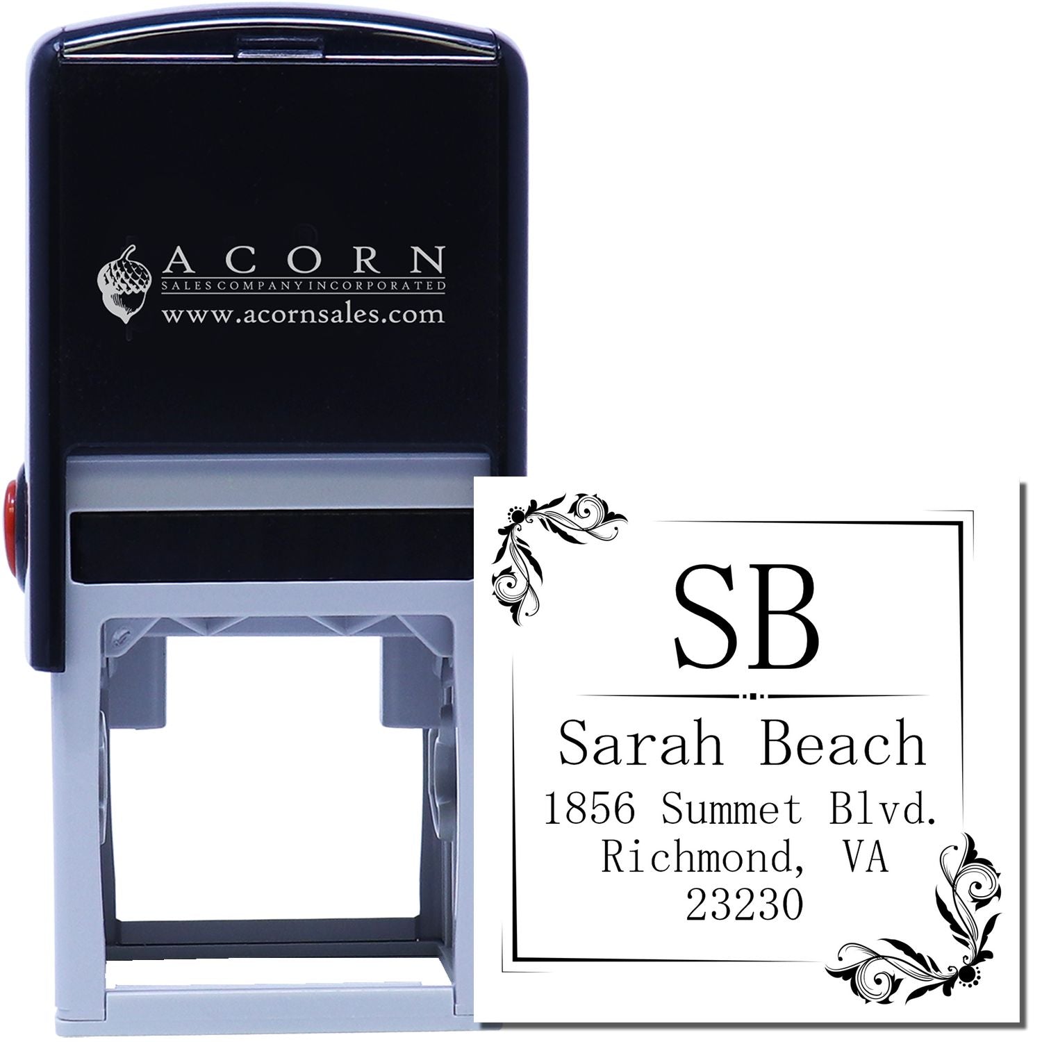 Custom self-inking rubber stamp with monogram and name/address design for personalized business or return address stamping.