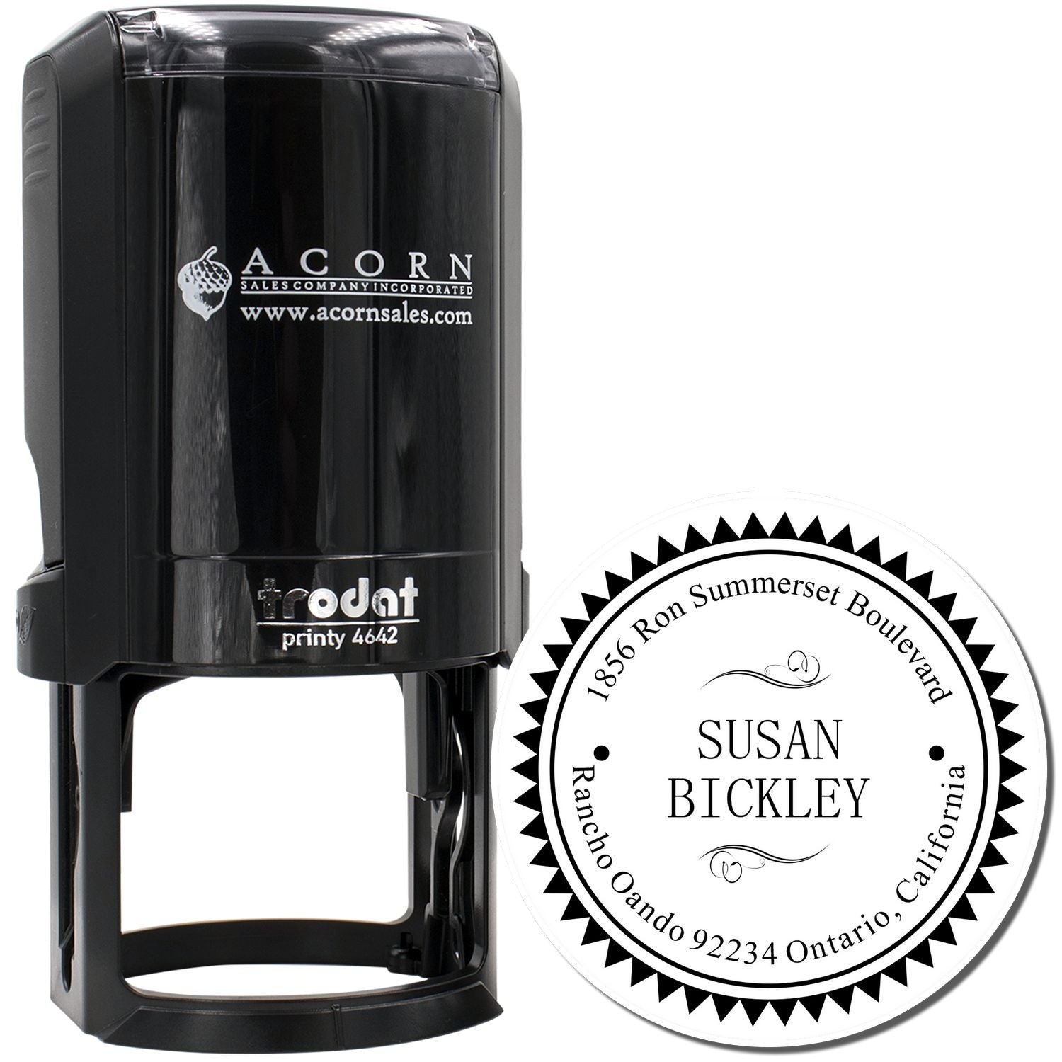 Custom self-inking rubber stamp and round address seal design for Susan Bickley, featuring Trodat Printy 4642 branding.