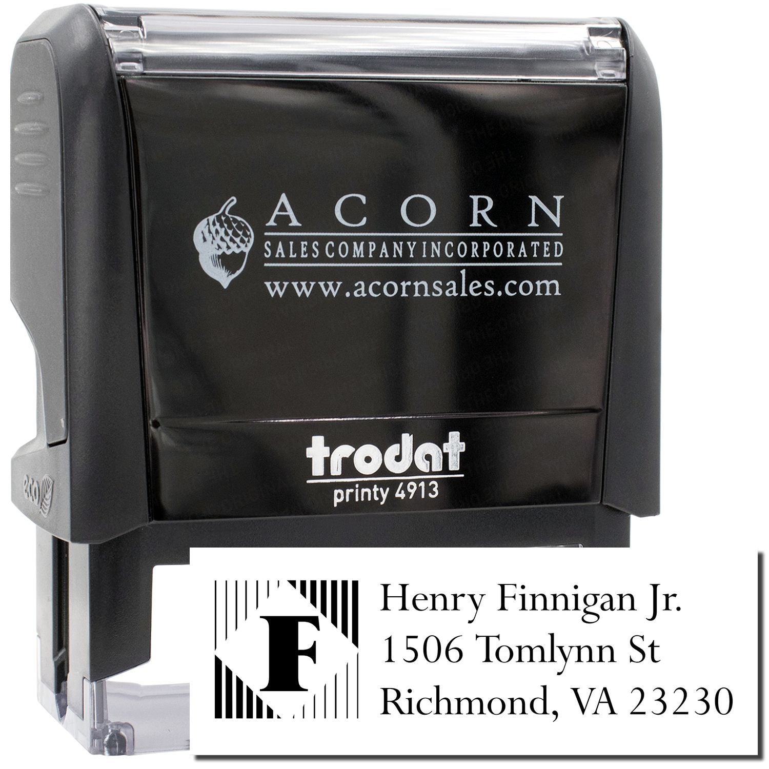 Custom self-inking rubber stamp with logo and address imprint for business branding and mailings