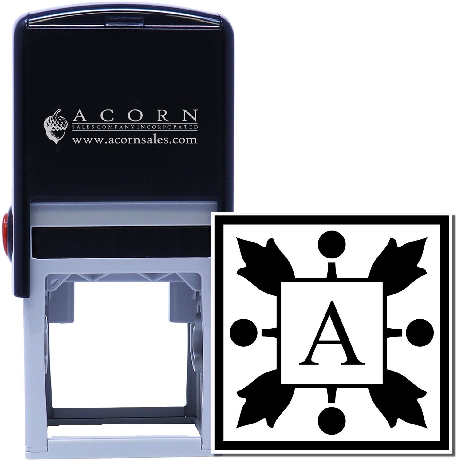 Custom self-inking rubber stamp with decorative initial A monogram design, ideal for personalized business branding.