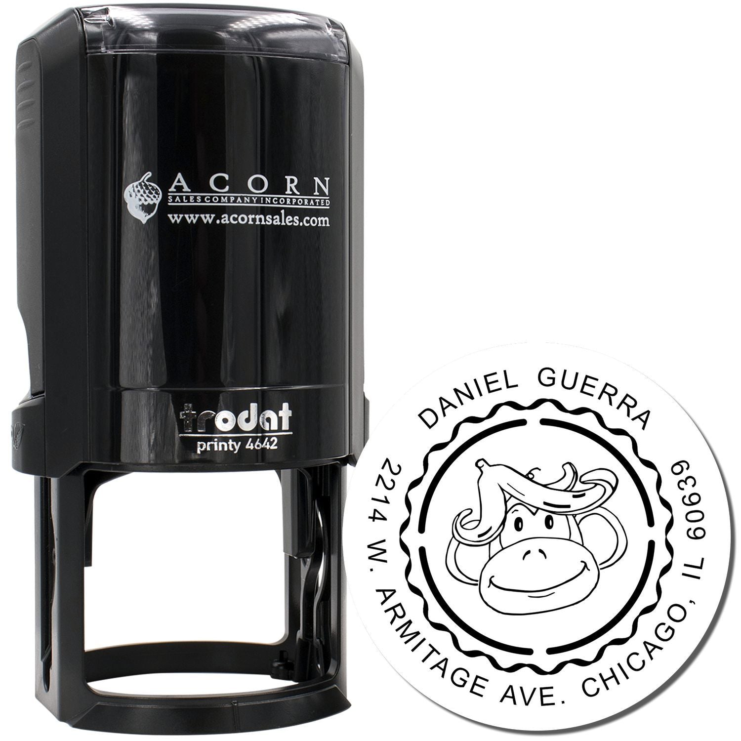 Custom self-inking rubber stamp with logo and address imprint for business branding and mailing.
