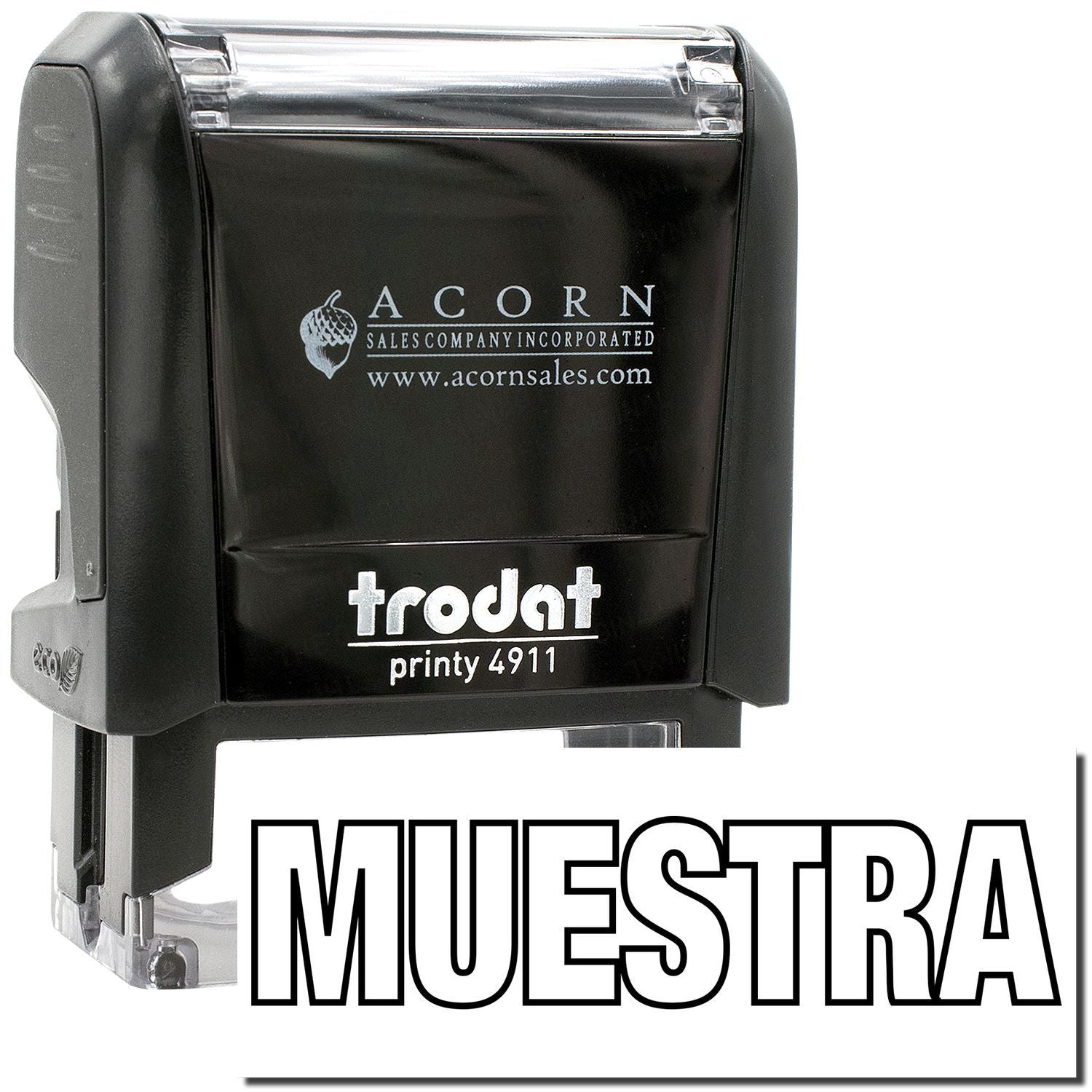 Trodat Printy 4911 self-inking stamp in black, sample imprint from Acorn Sales Company.