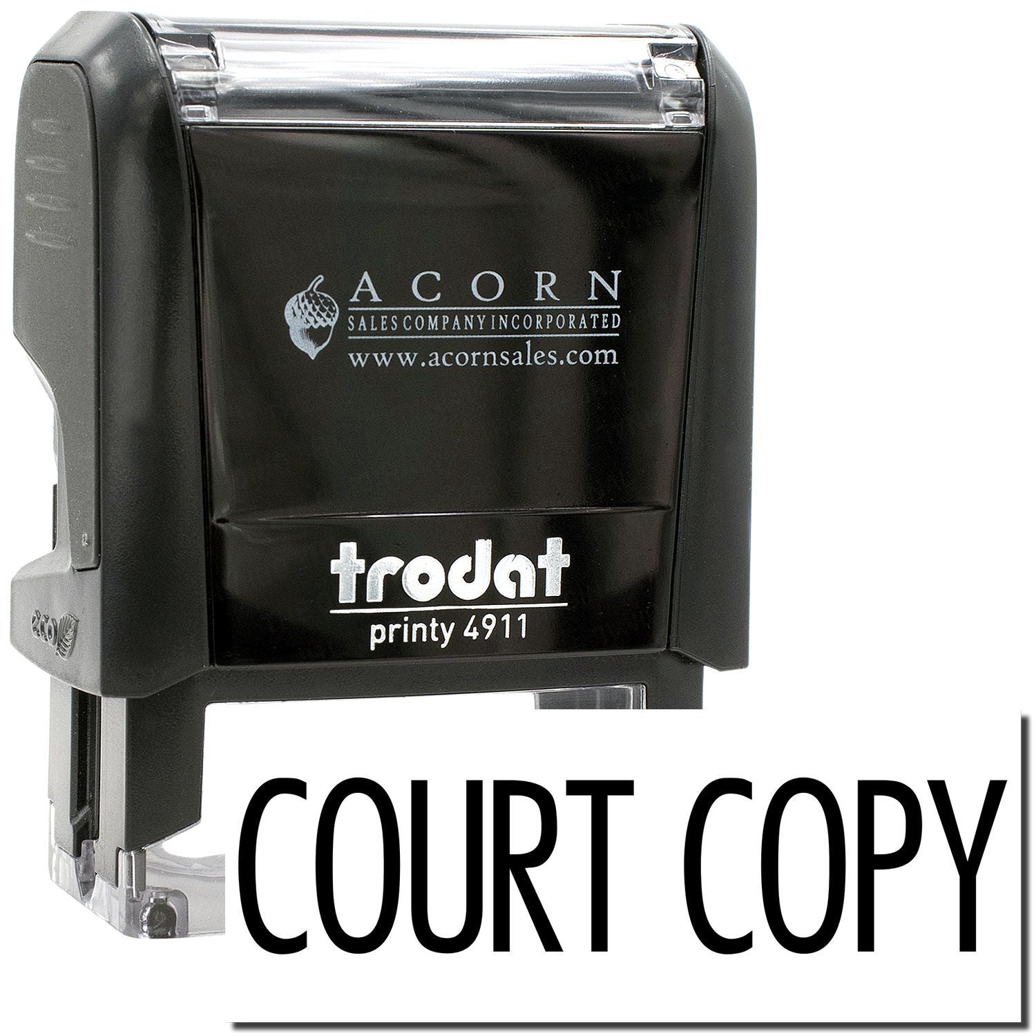 Black Trodat Printy 4911 self-inking stamp with Court Copy label and Acorn Sales logo.