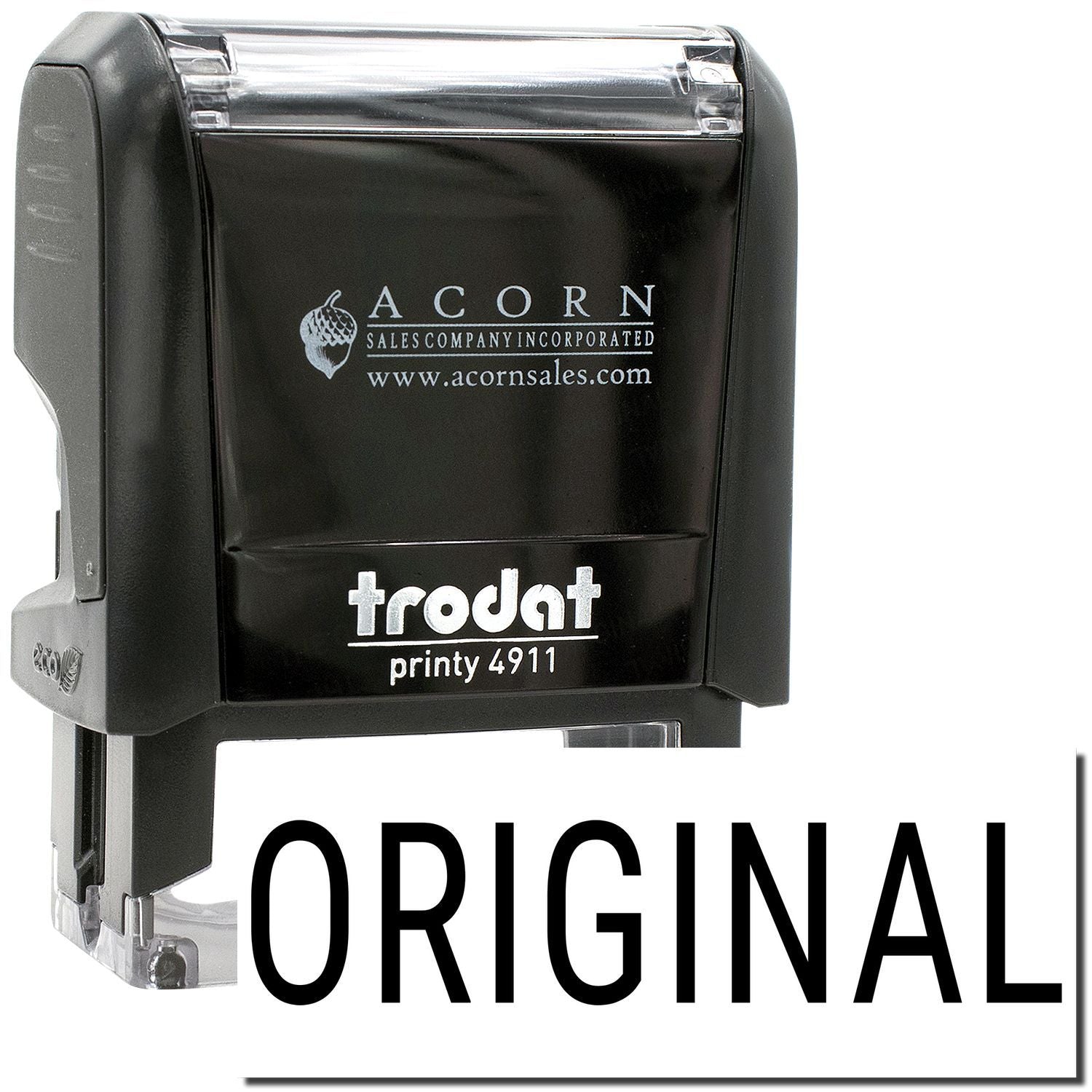 Trodat Printy 4911 self-inking stamp, original black rubber stamp with Acorn Sales branding.