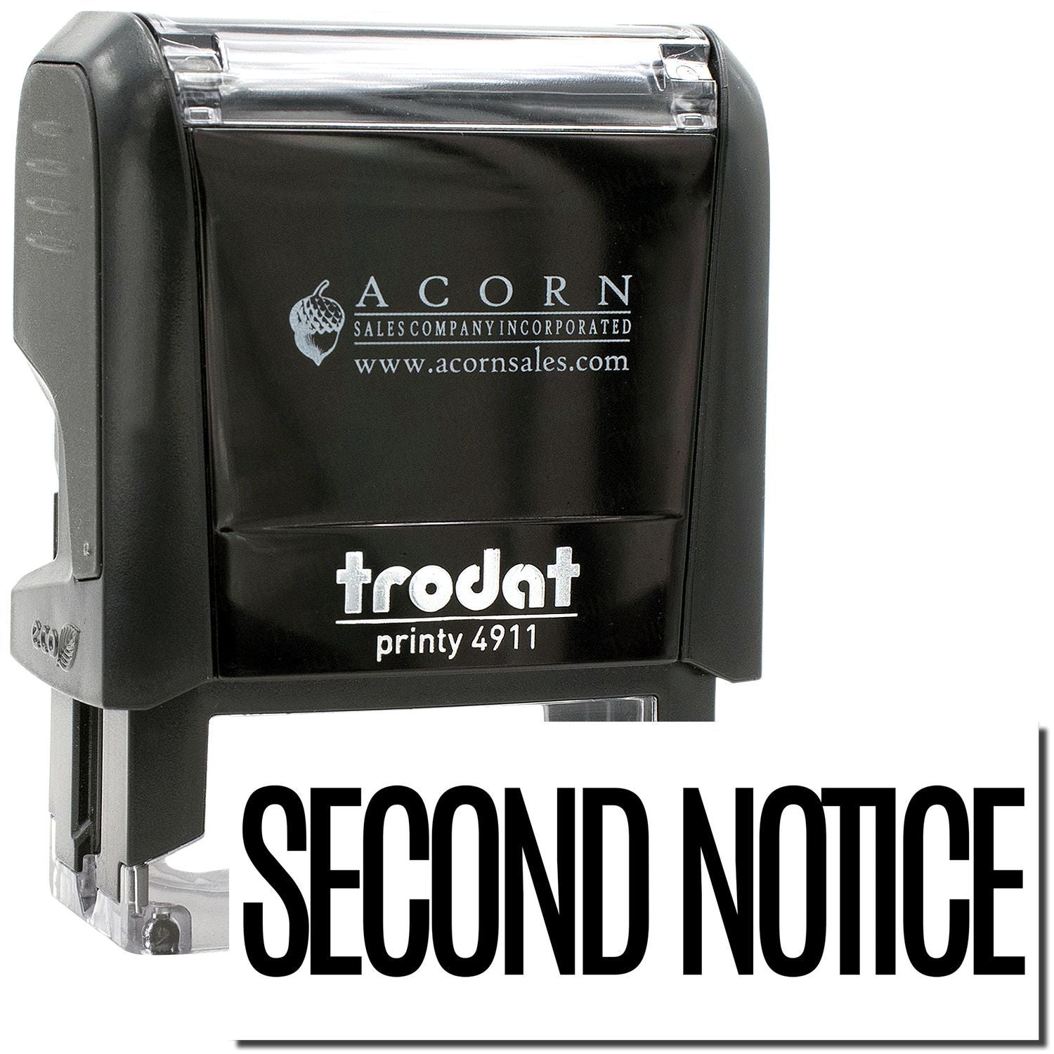 Trodat Printy 4911 self-inking stamp with Second Notice text, black office rubber stamp for mailing and document reminders