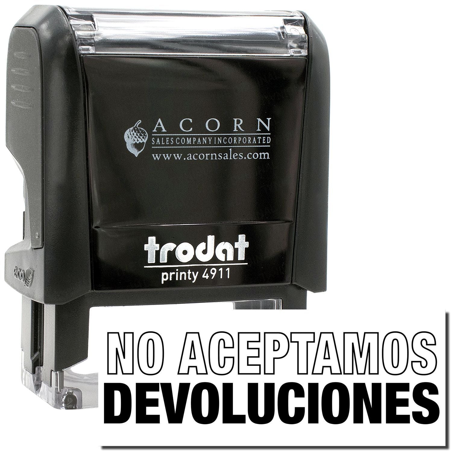 Trodat Printy 4911 self-inking stamp with No Aceptamos Devoluciones no returns accepted message.
