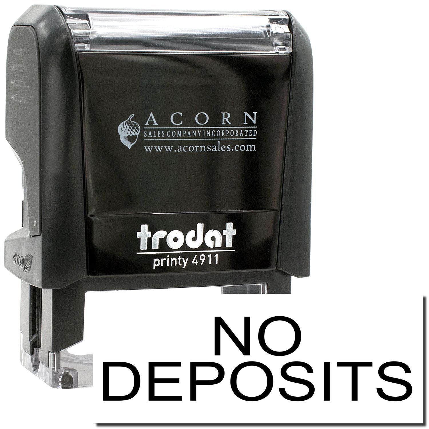 Trodat Printy 4911 self-inking stamp with No Deposits text and Acorn Sales branding, black office rubber stamp accessory.