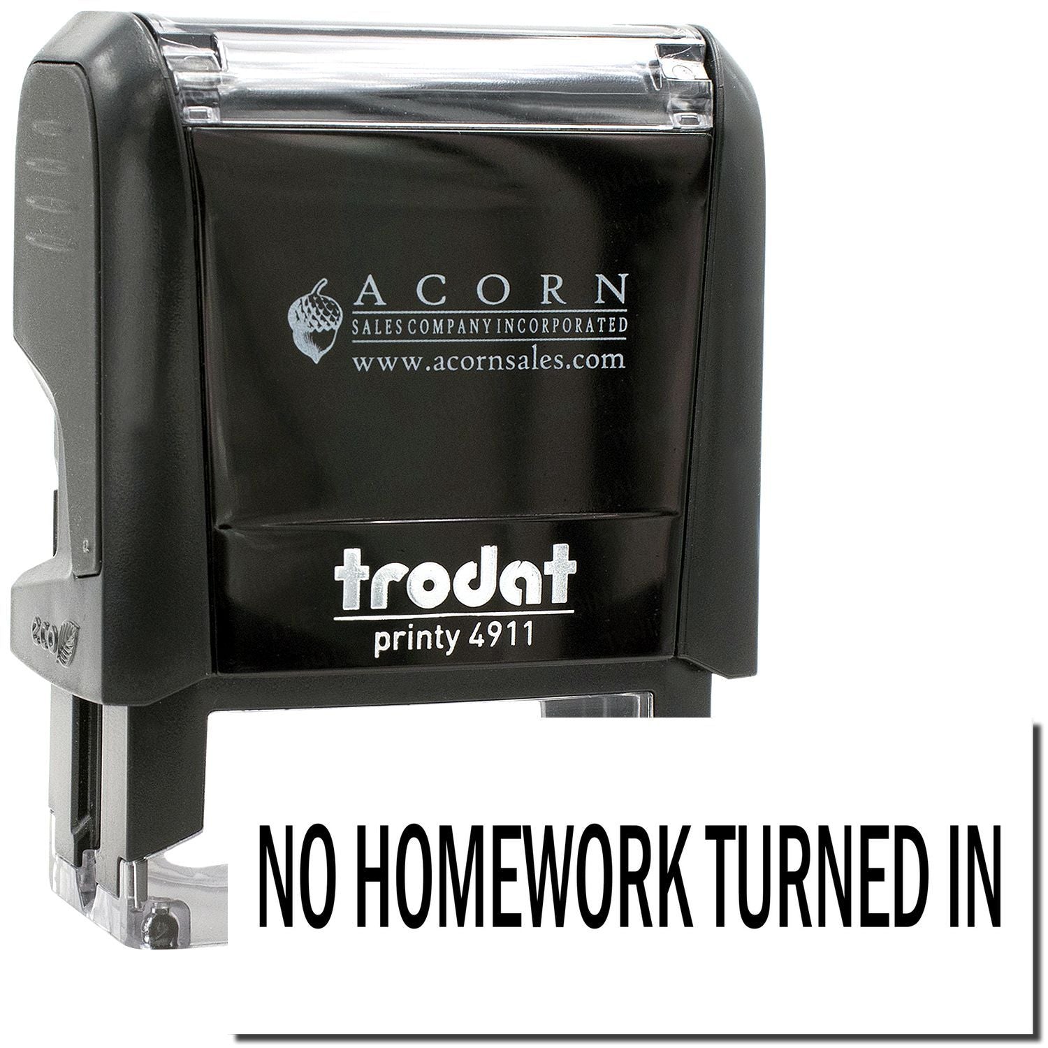 Trodat Printy 4911 self-inking stamp with No Homework Turned In text and Acorn Sales branding