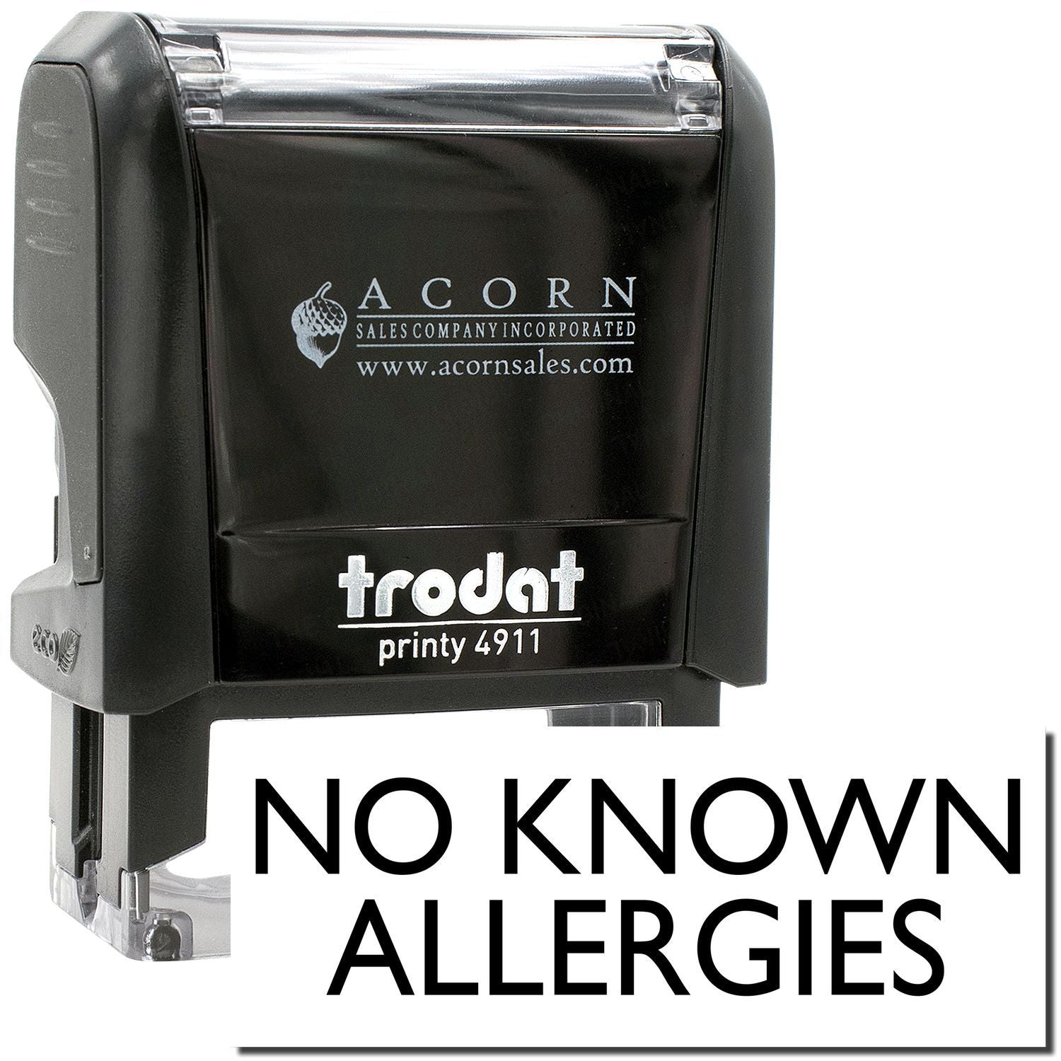 Trodat Printy 4911 self-inking No Known Allergies stamp with black ink cartridge.