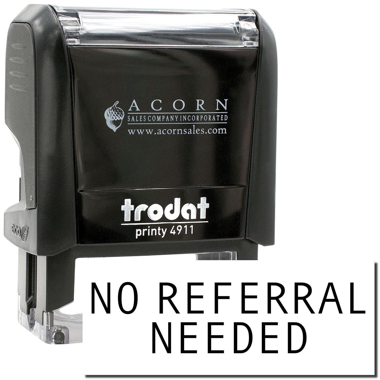 Trodat Printy 4911 self-inking stamp from Acorn Sales with No Referral Needed text.