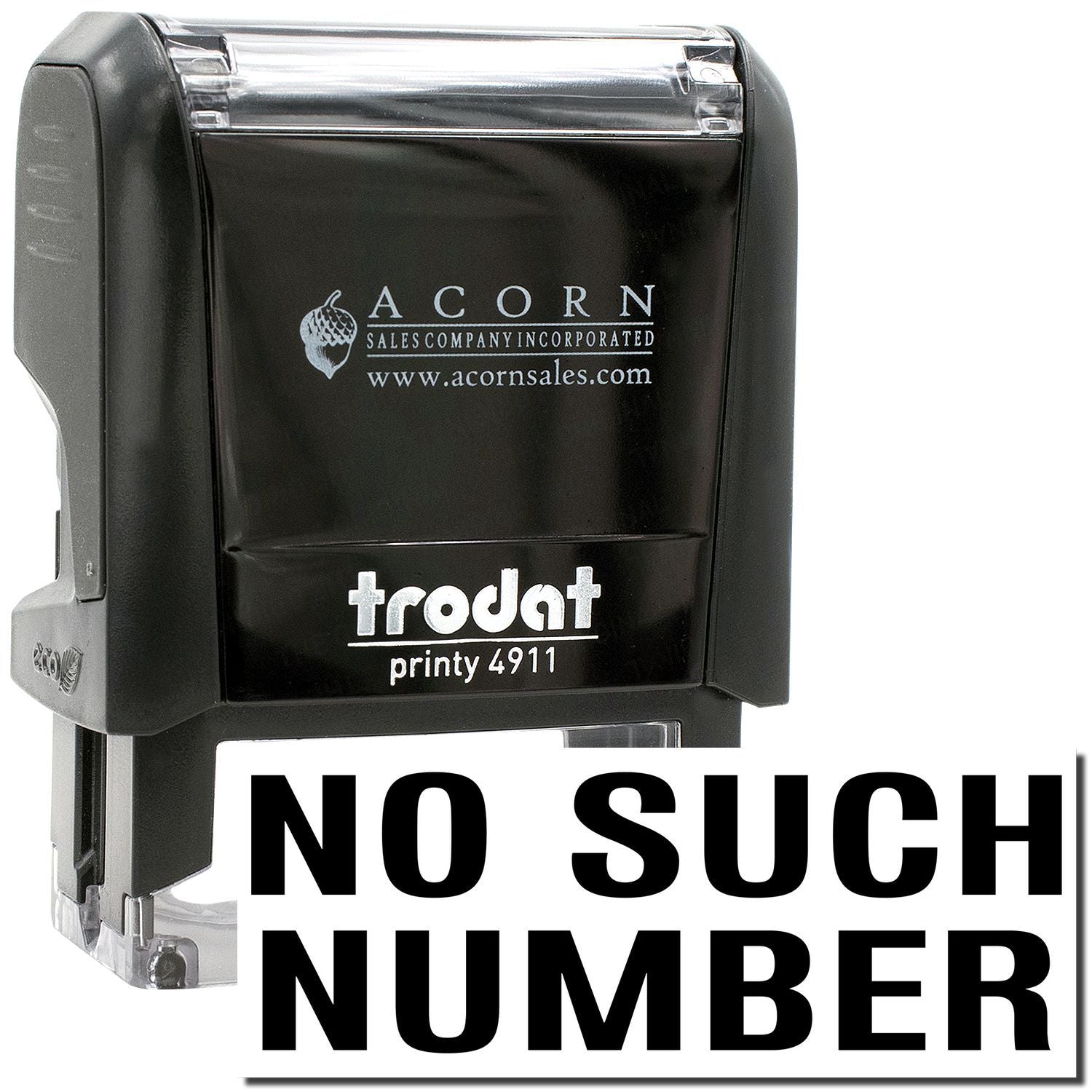 Trodat Printy 4911 self-inking stamp with No Such Number text, black office stamp for mail and address correction.