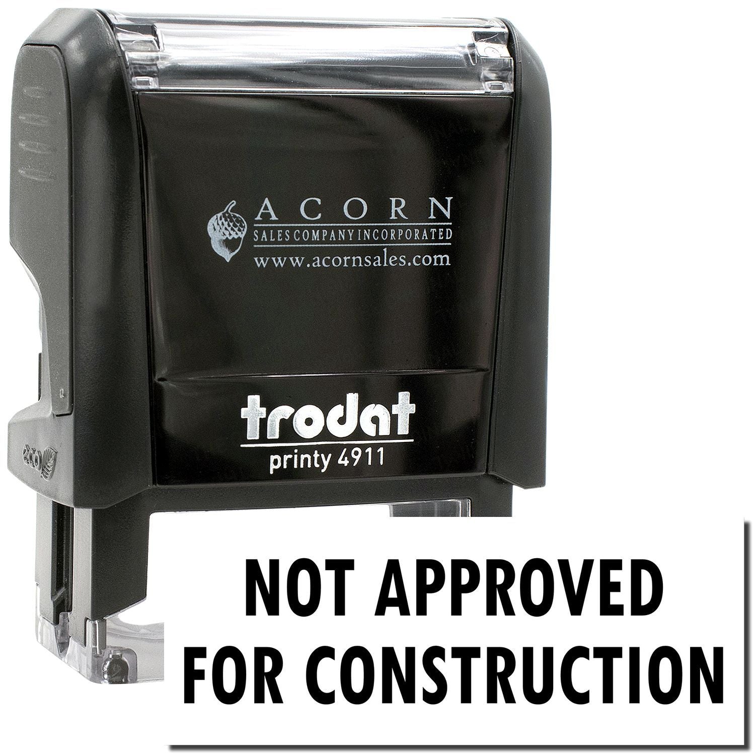 Trodat Printy 4911 self-inking stamp with Not Approved for Construction text, black Acorn Sales stamp image.