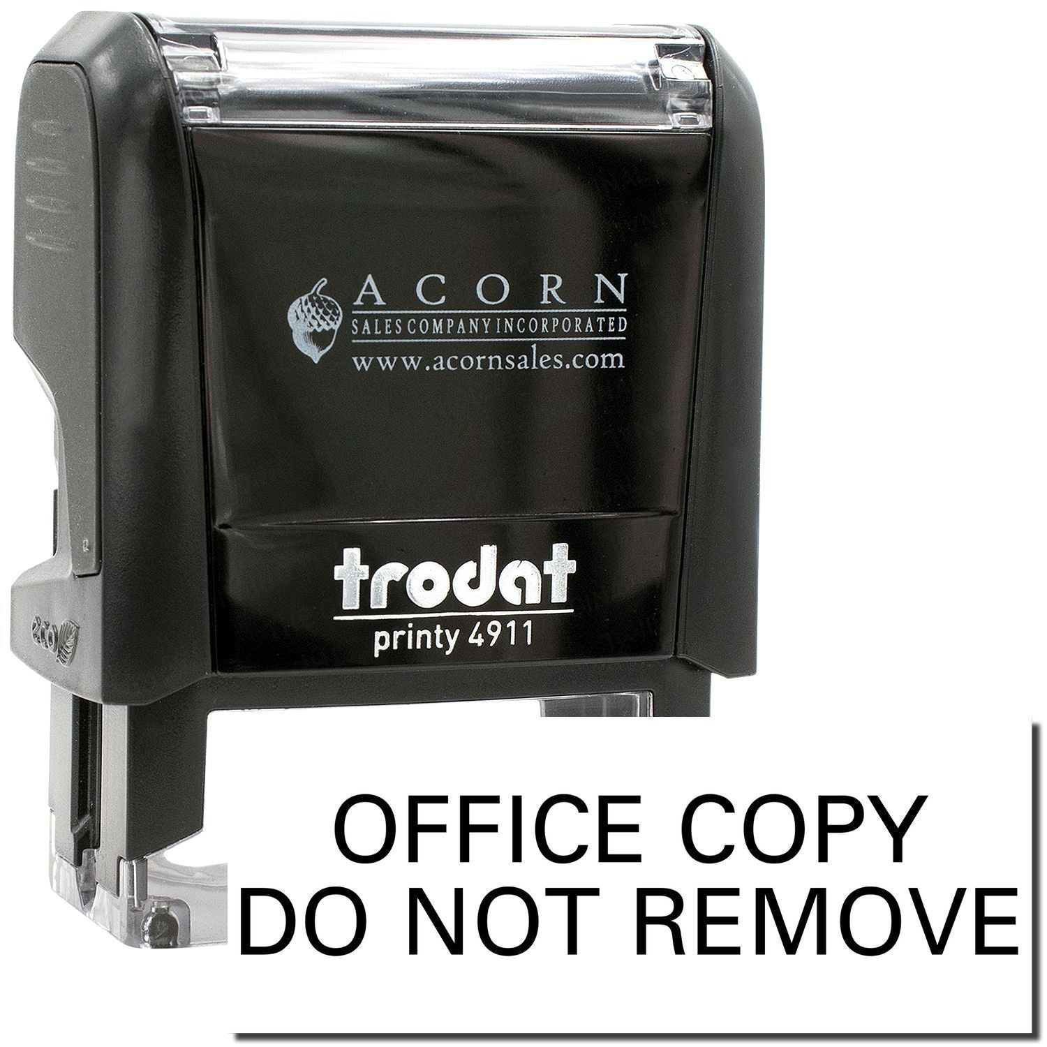Black Trodat Printy 4911 office copy stamp with DO NOT REMOVE text, Acorn Sales self-inking stamp for document marking