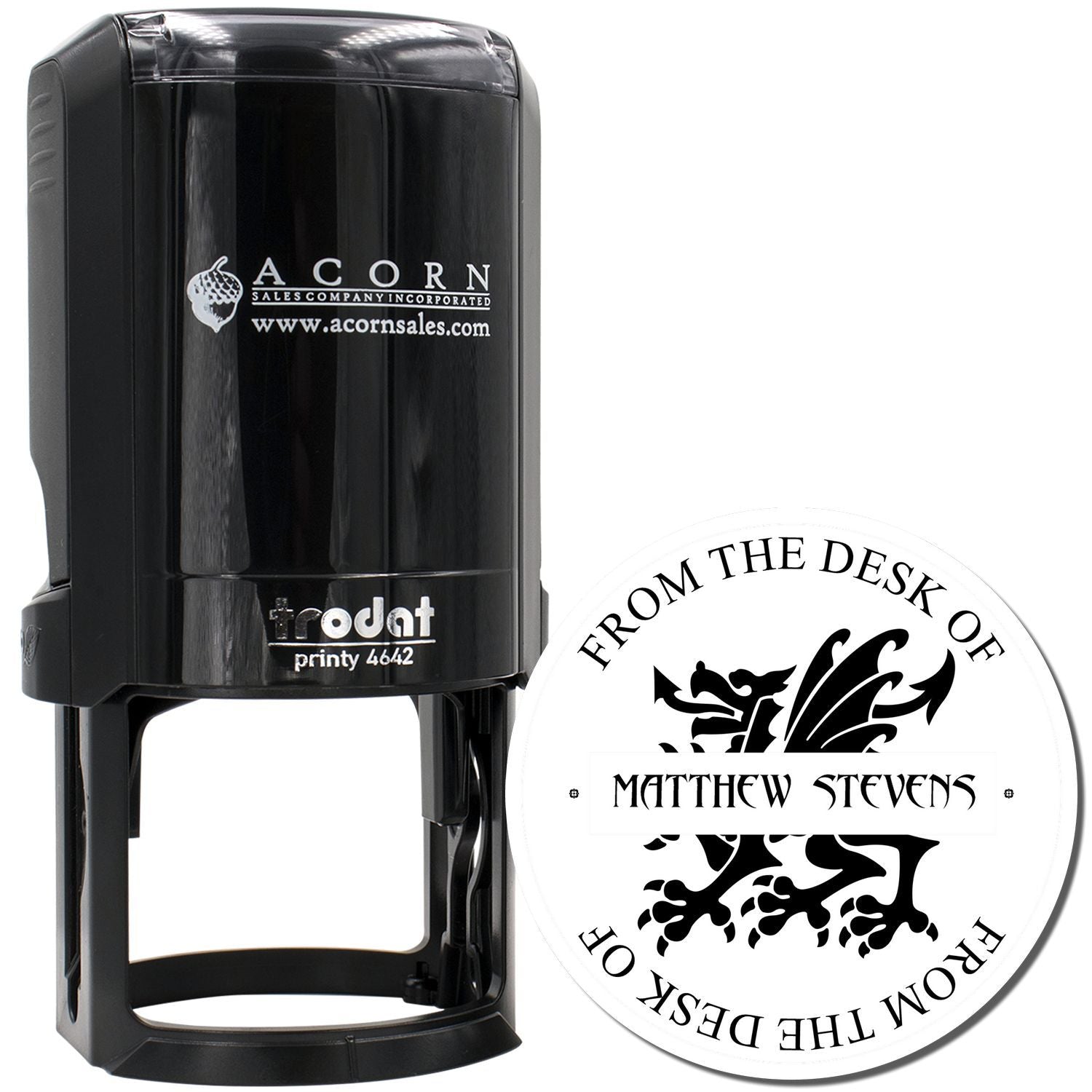 Custom self-inking rubber stamp with personalized From the Desk of Matthew Stevens office imprint for mailing and branding.