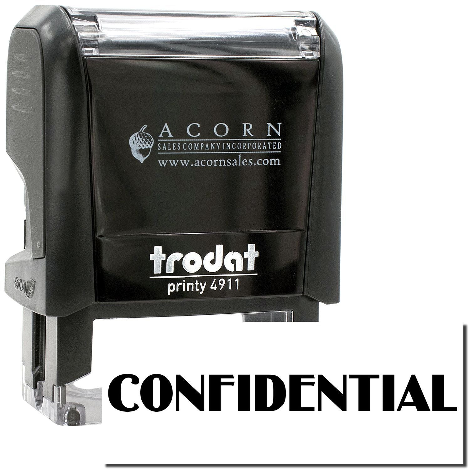 Black confidential self-inking stamp Trodat Printy 4911 with Acorn Sales branding and clear imprint text