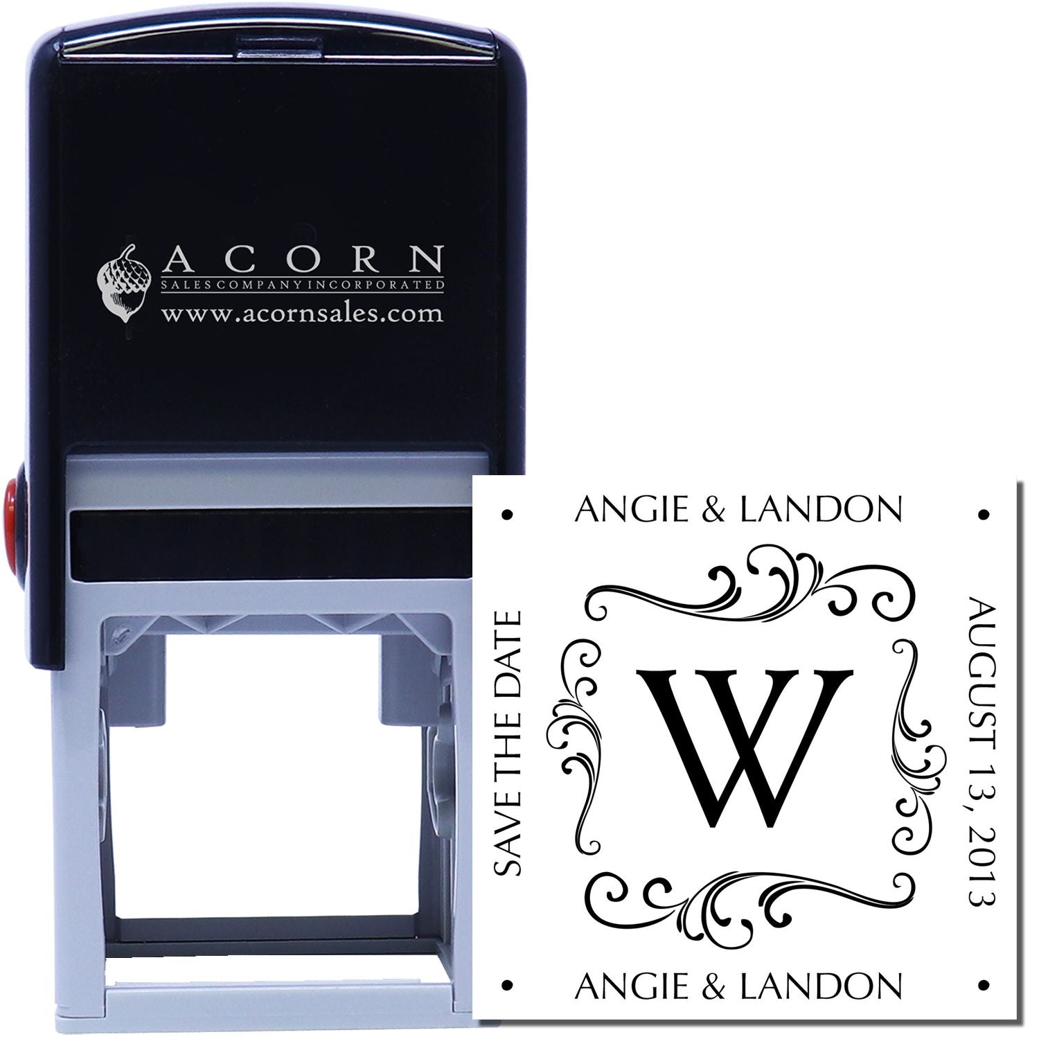 Custom self-inking rubber stamp for wedding invitations with monogram W, Angie & Landon, and August 13, 2013 date.