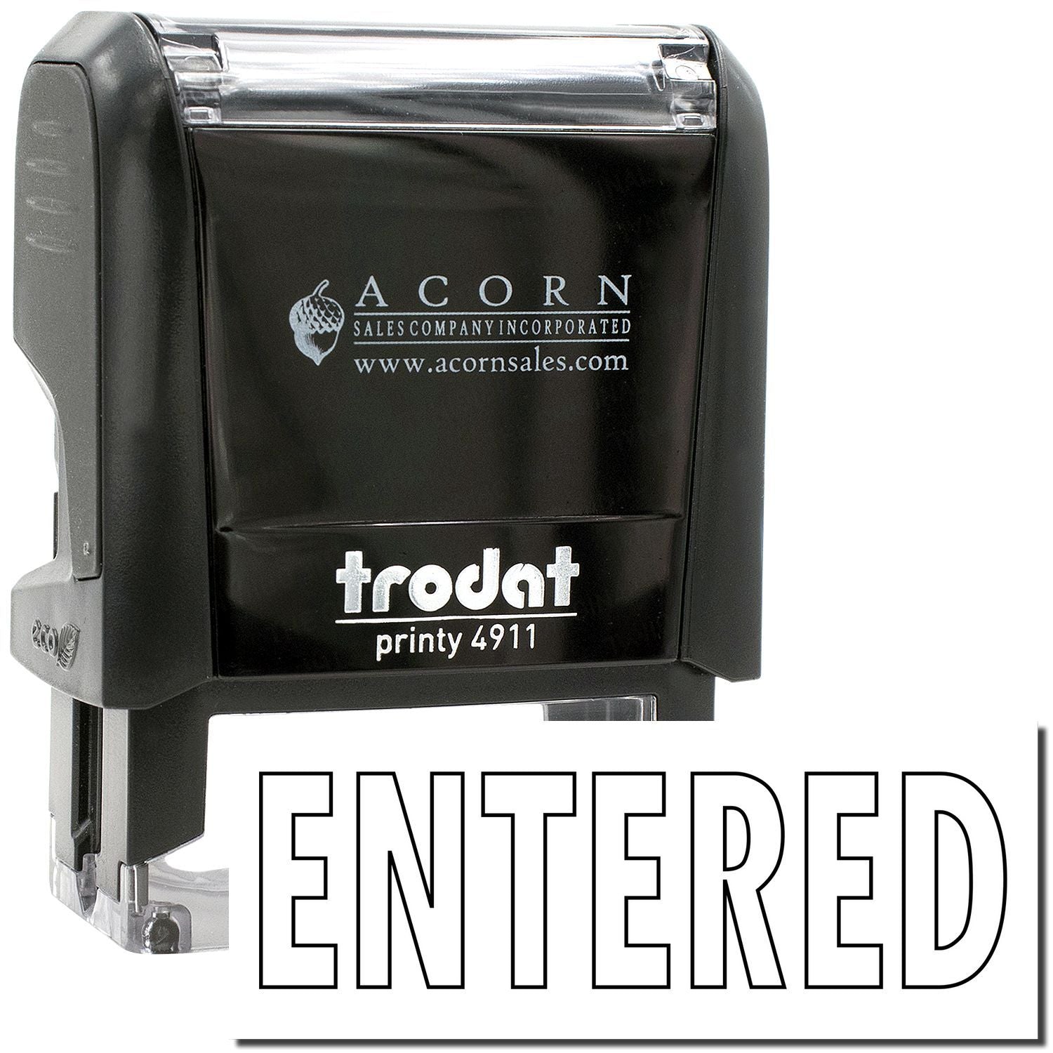 Trodat Printy 4911 black self-inking entered stamp with Acorn Sales branding