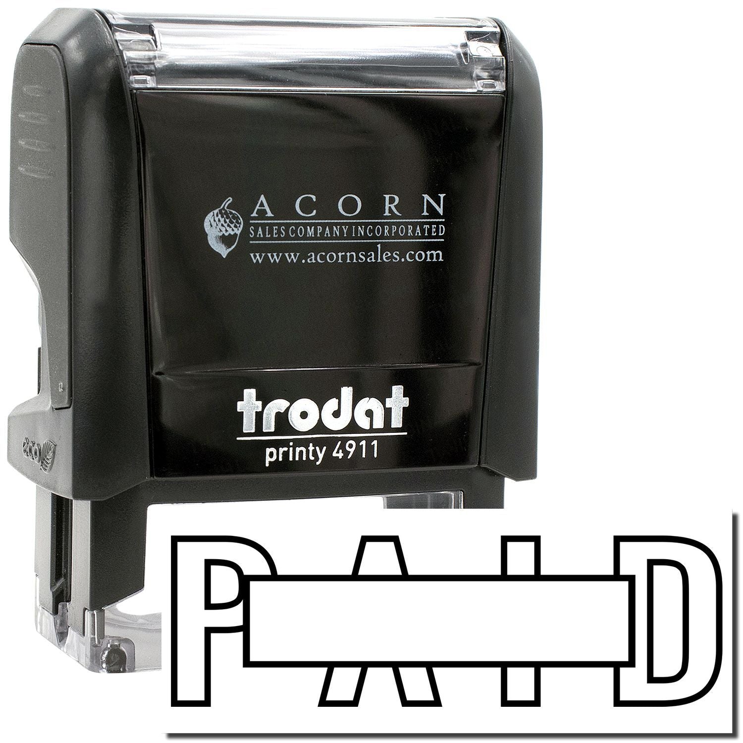Trodat Printy 4911 self-inking stamp with Acorn Sales Company logo, black custom rubber stamp for office use
