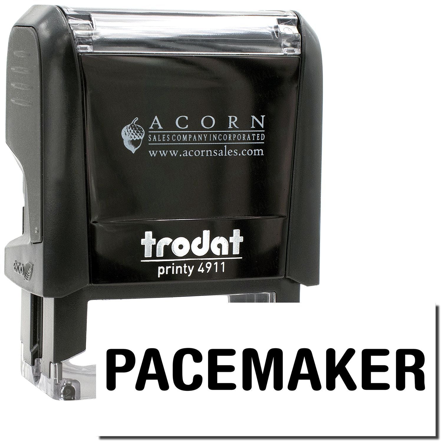 Black Trodat Printy 4911 self-inking stamp with Acorn Sales Company logo and Pacemaker text