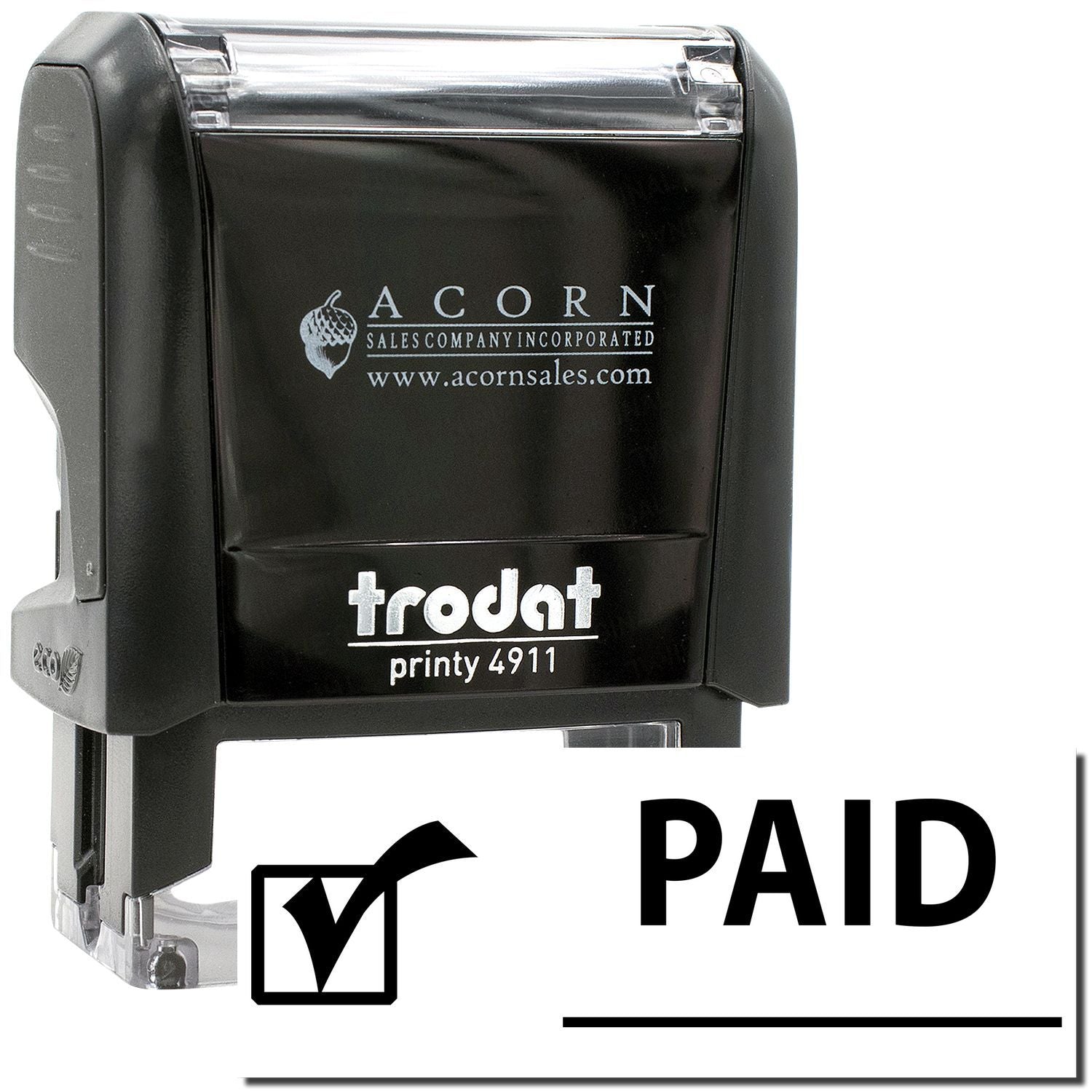 Trodat Printy 4911 self-inking PAID stamp, black office rubber stamp with clear impression.