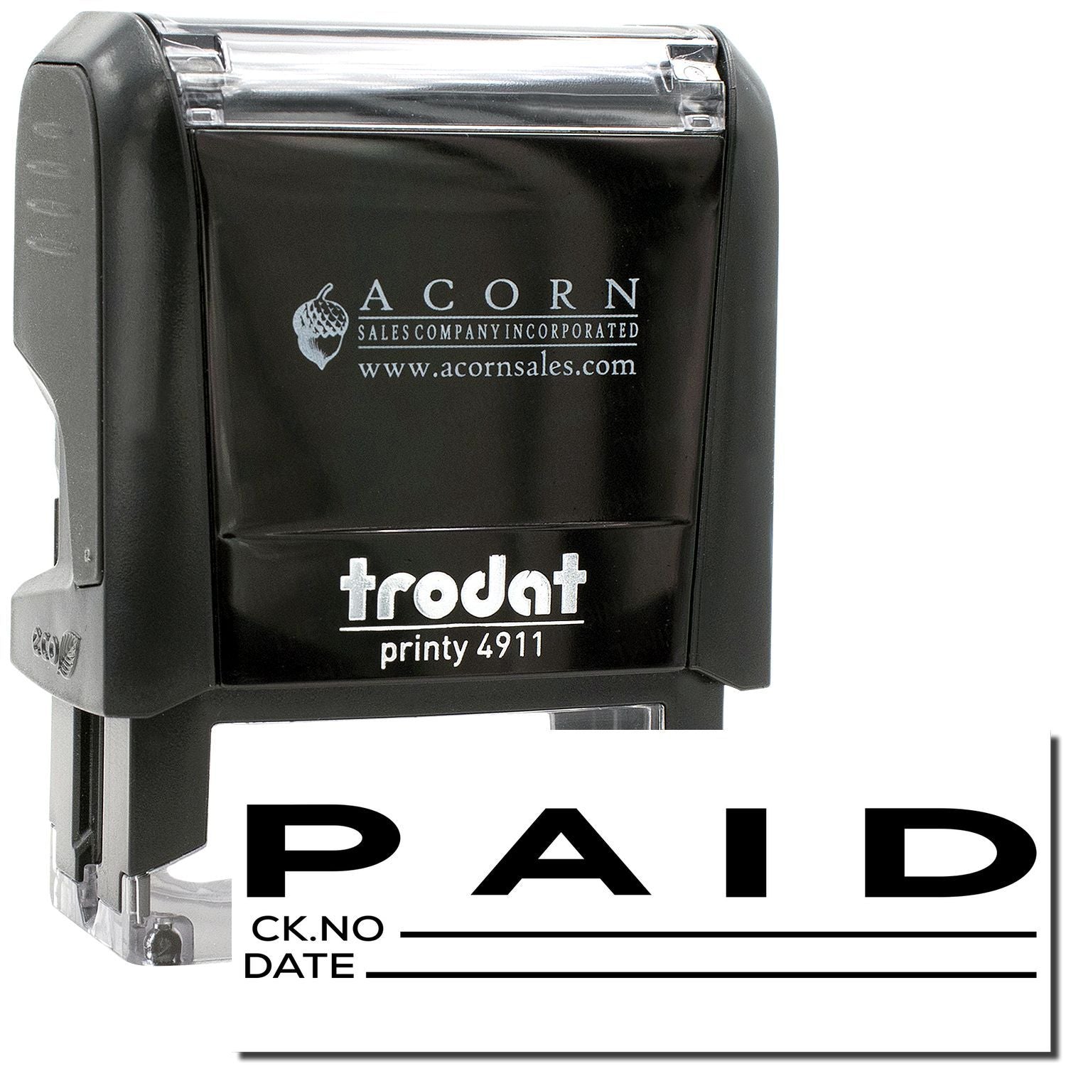 Trodat Printy 4911 self-inking paid stamp with Acorn Sales branding and date/check number imprint design.