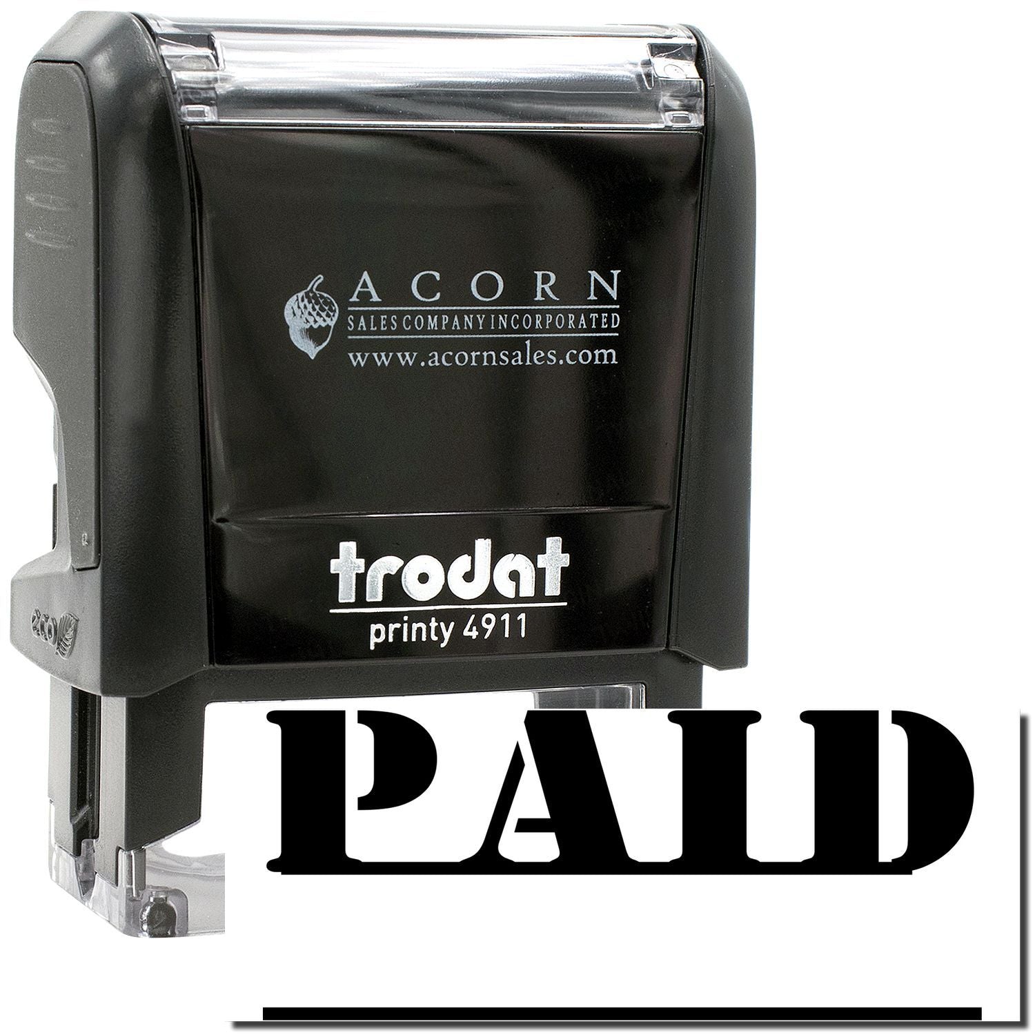 Black Trodat Printy 4911 self-inking PAID stamp, Acorn Sales Company logo, office supply product.