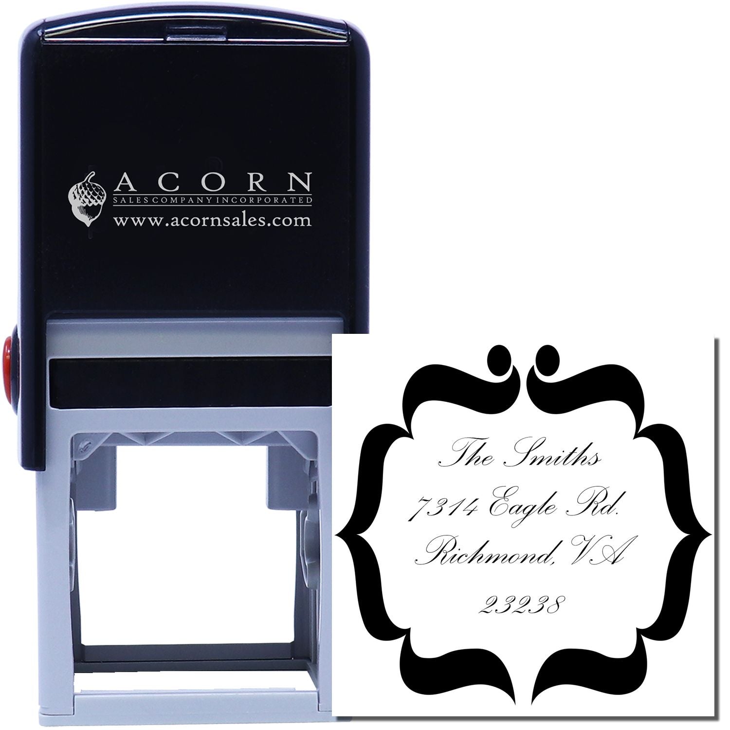 Custom self-inking address rubber stamp with ornate monogram design for wedding invitations and return envelopes.