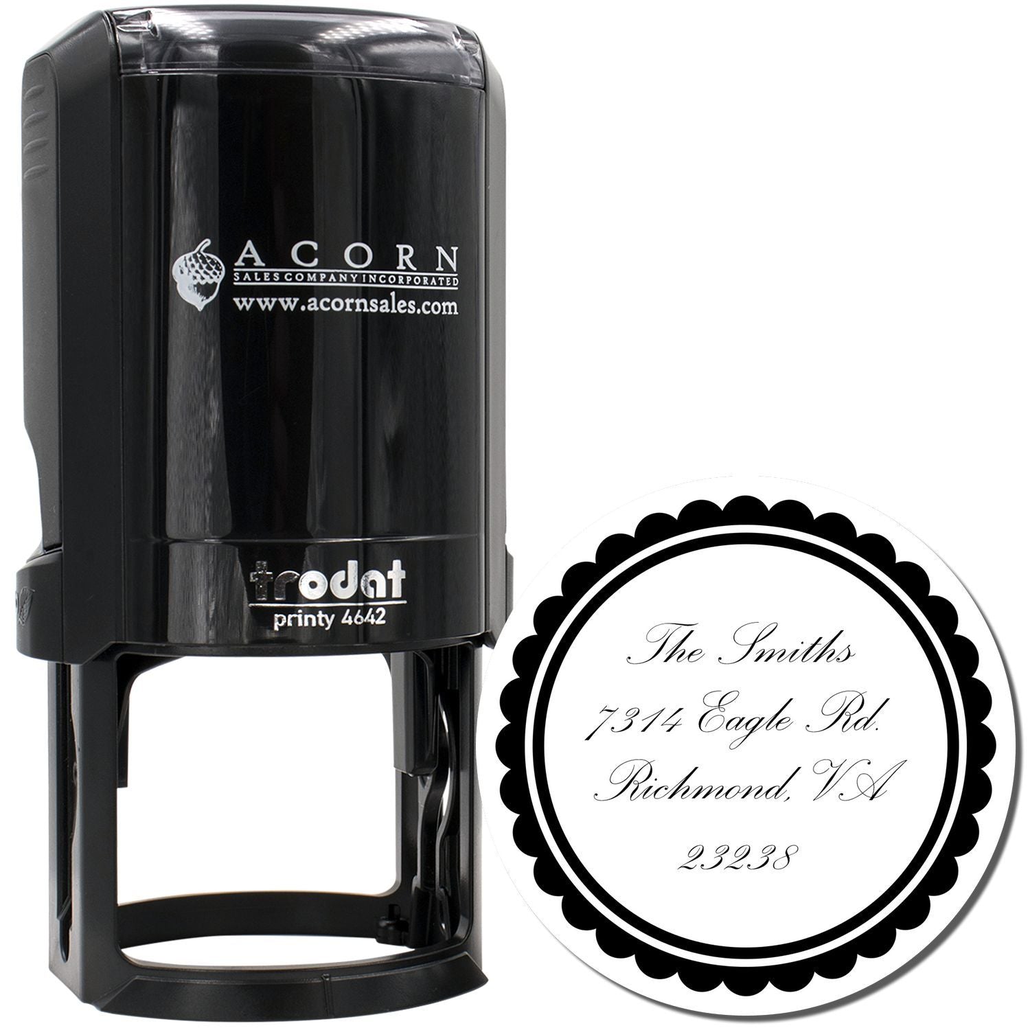 Custom self-inking rubber stamp with round address design, ideal for personalized mail, weddings, and business branding.