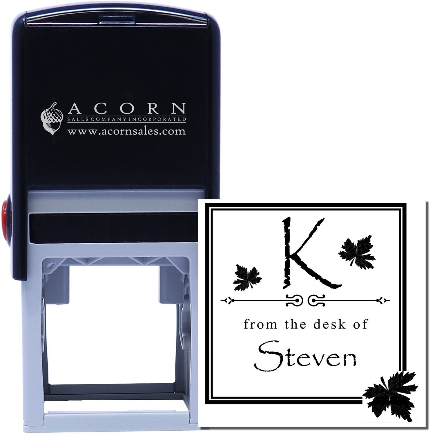 Personalized self-inking rubber stamp with monogram K and from the desk of Steven for office mail and documents.