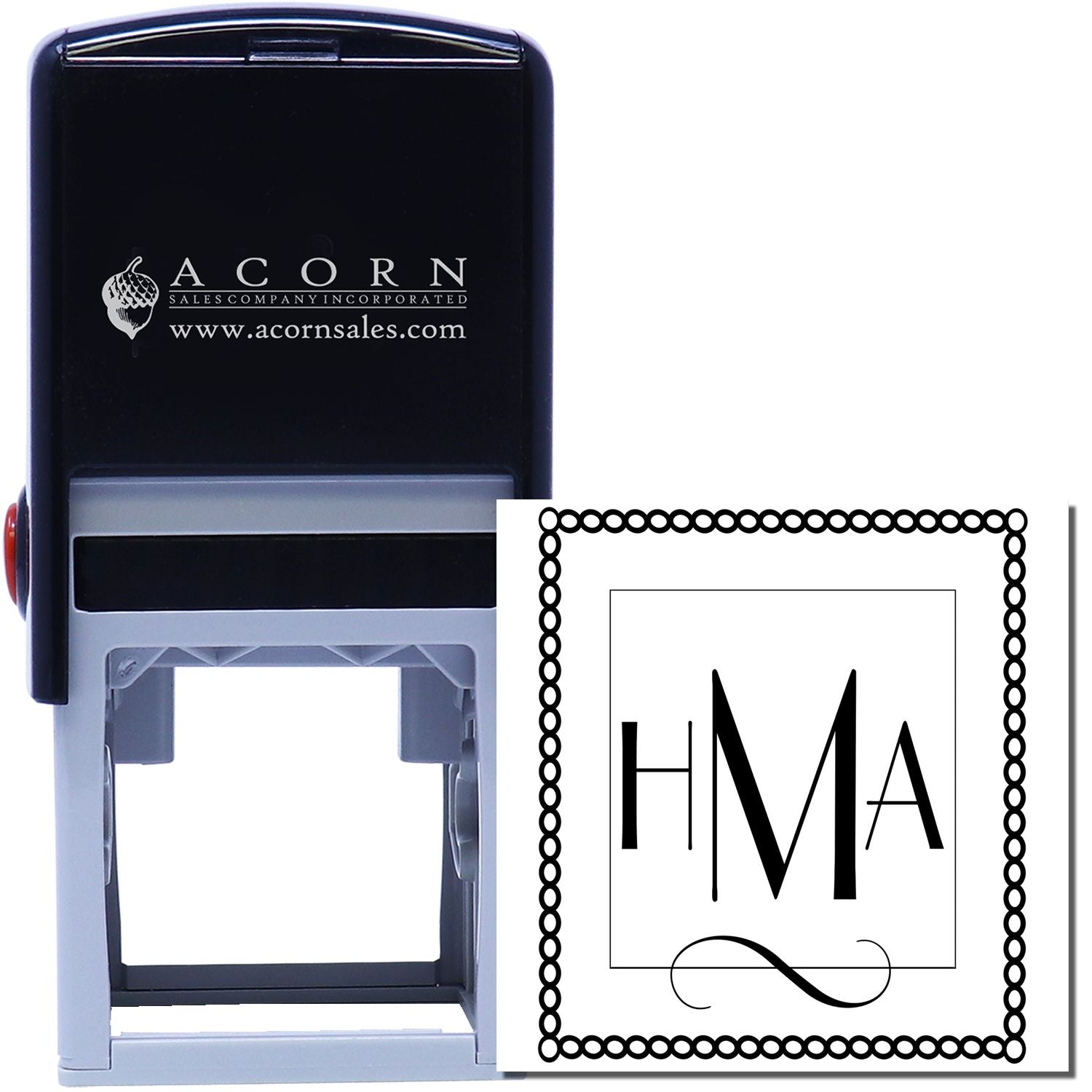 Custom self-inking rubber stamp with HMA monogram and decorative border, ideal for personalized business branding.