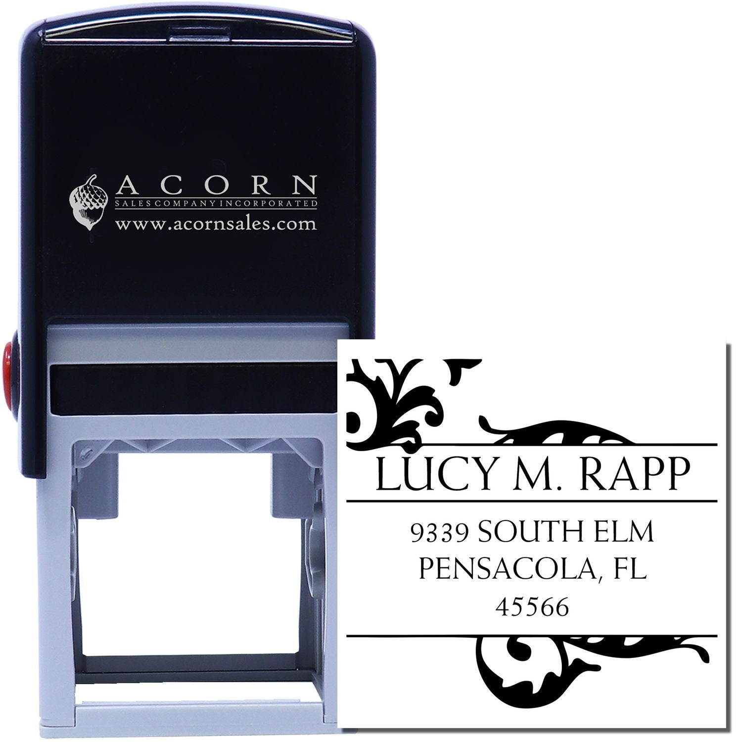 Custom self-inking rubber address stamp with decorative name and address imprint for mailing and business use.