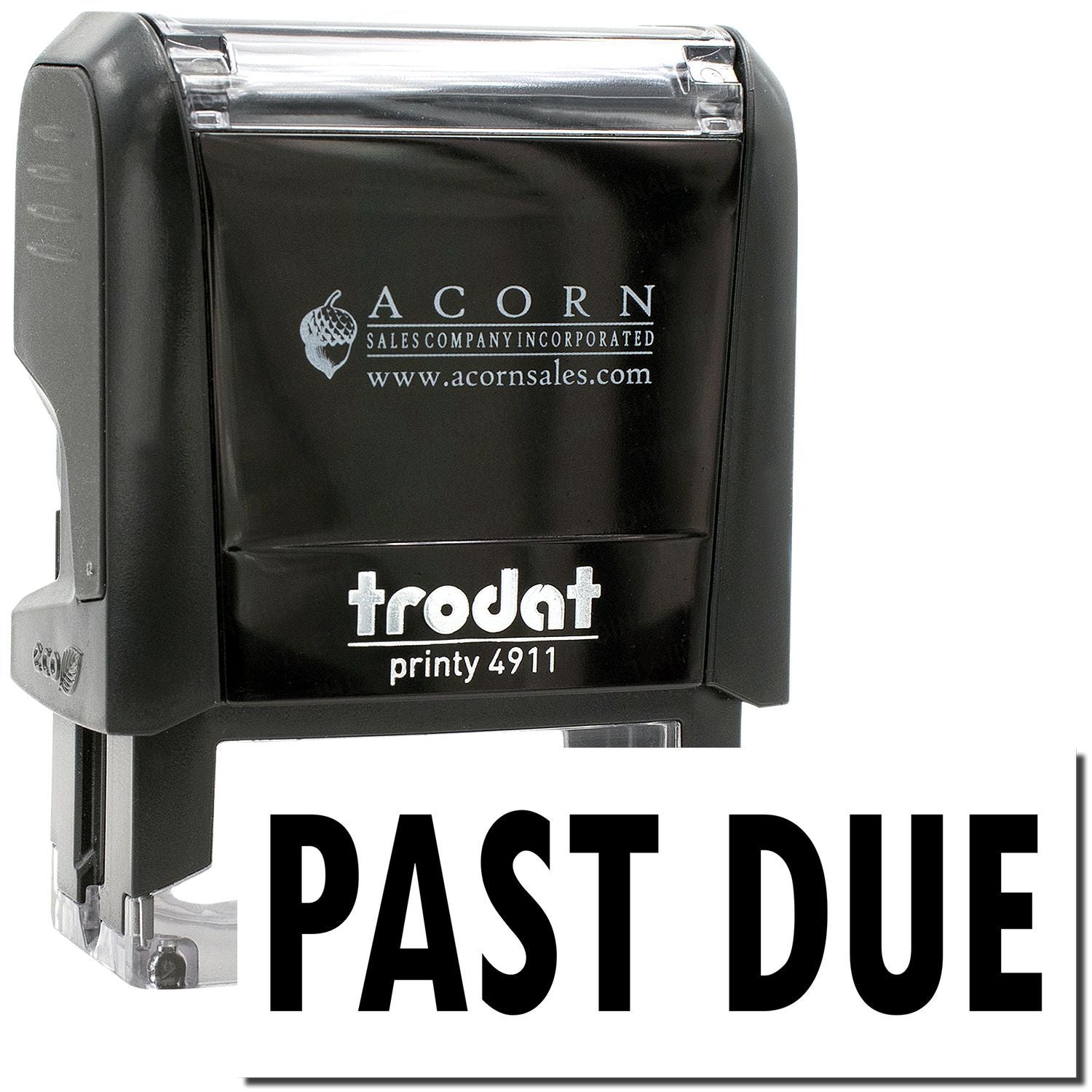 Black Trodat Printy 4911 self-inking PAST DUE rubber stamp with Acorn Sales branding.