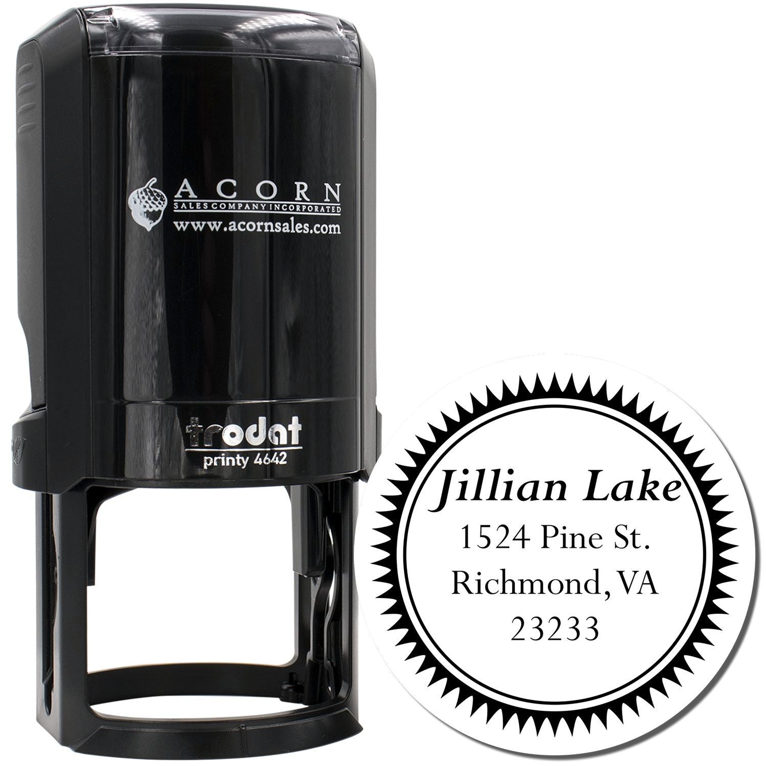 Custom self-inking rubber address stamp with round return-address design for business mailing and branding.