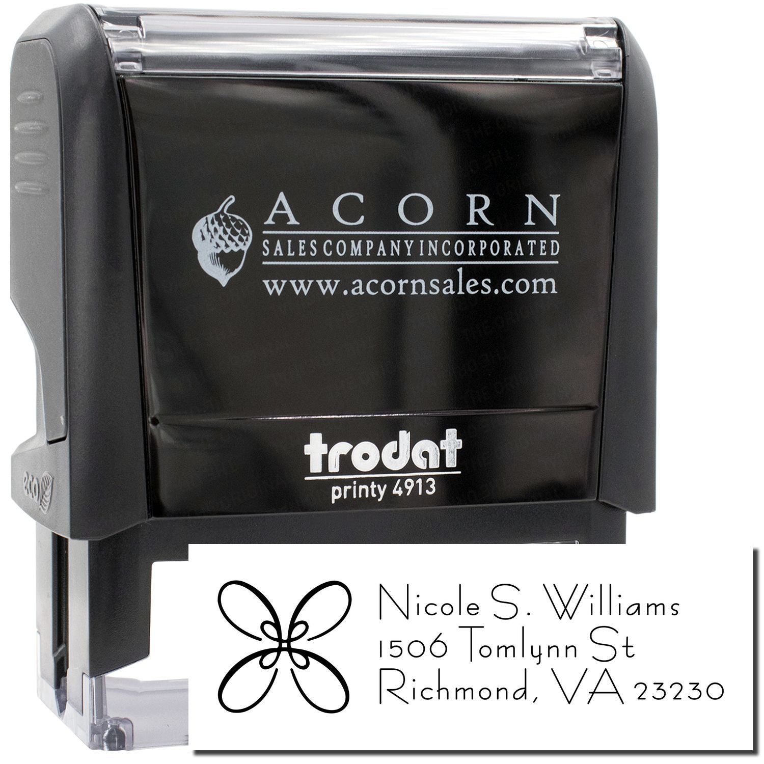 Custom self-inking rubber stamp with logo and return address, Trodat Printy 4913 for business mailing.