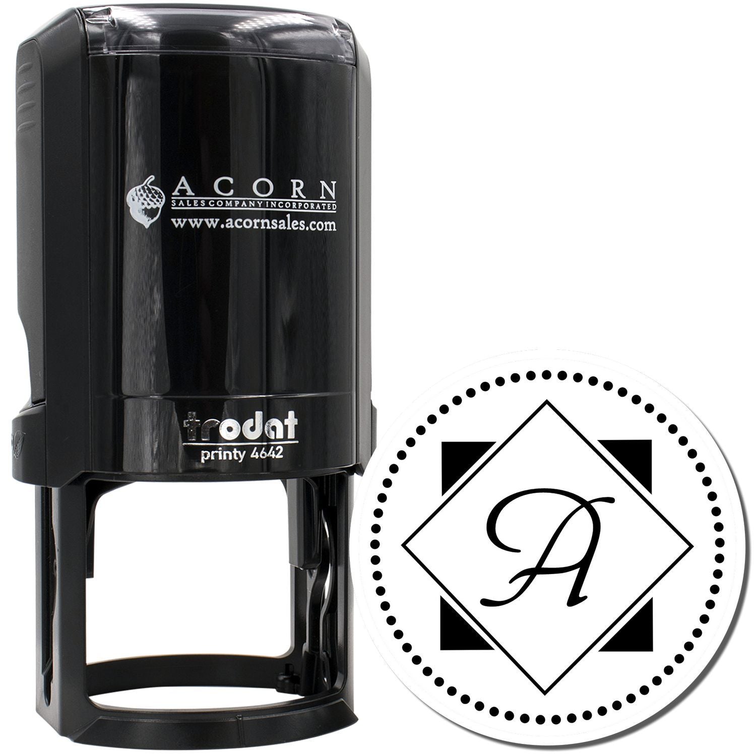 Custom self-inking rubber stamp with monogram A design for personalized branding