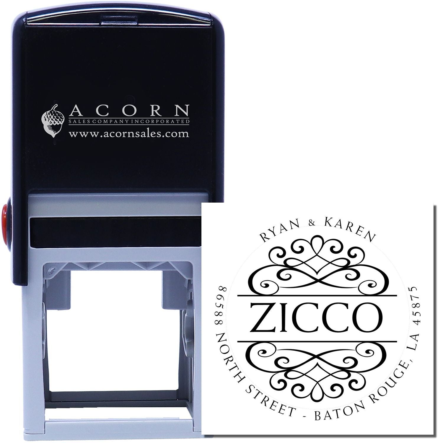 Personalized self-inking rubber address stamp for wedding invitations, featuring ornate Ryan & Karen Zicco monogram.