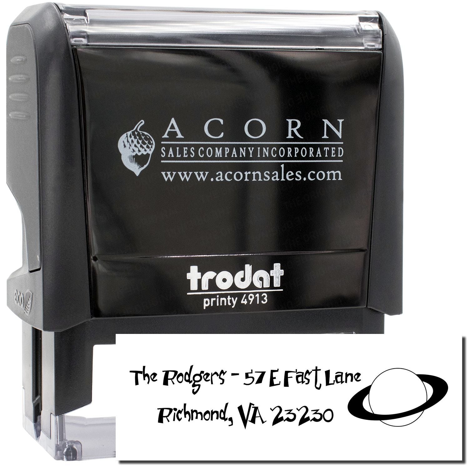 Custom self-inking rubber address stamp, Trodat Printy 4913, with personalized name and mailing address.