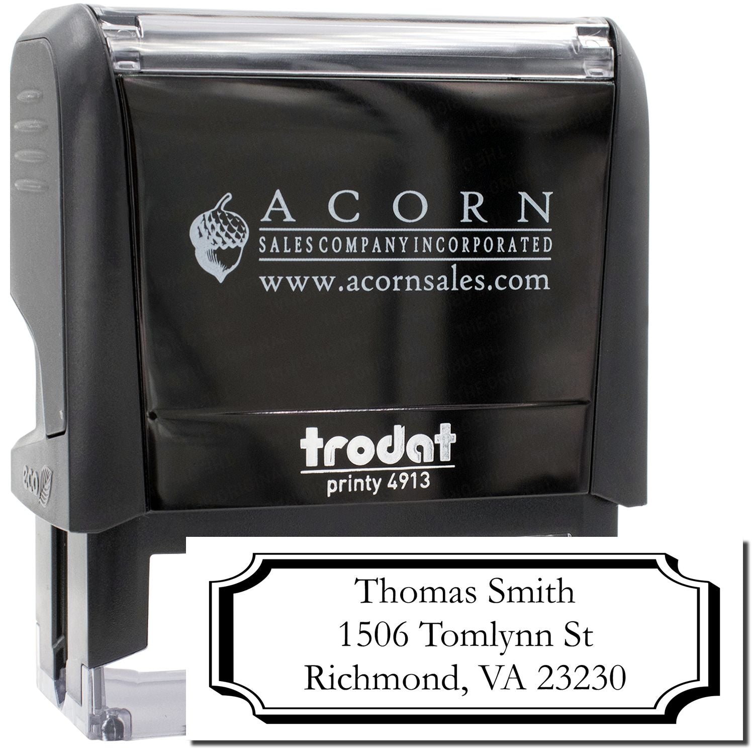 Trodat Printy 4913 self-inking rubber stamp with custom address imprint for Thomas Smith, Richmond, VA