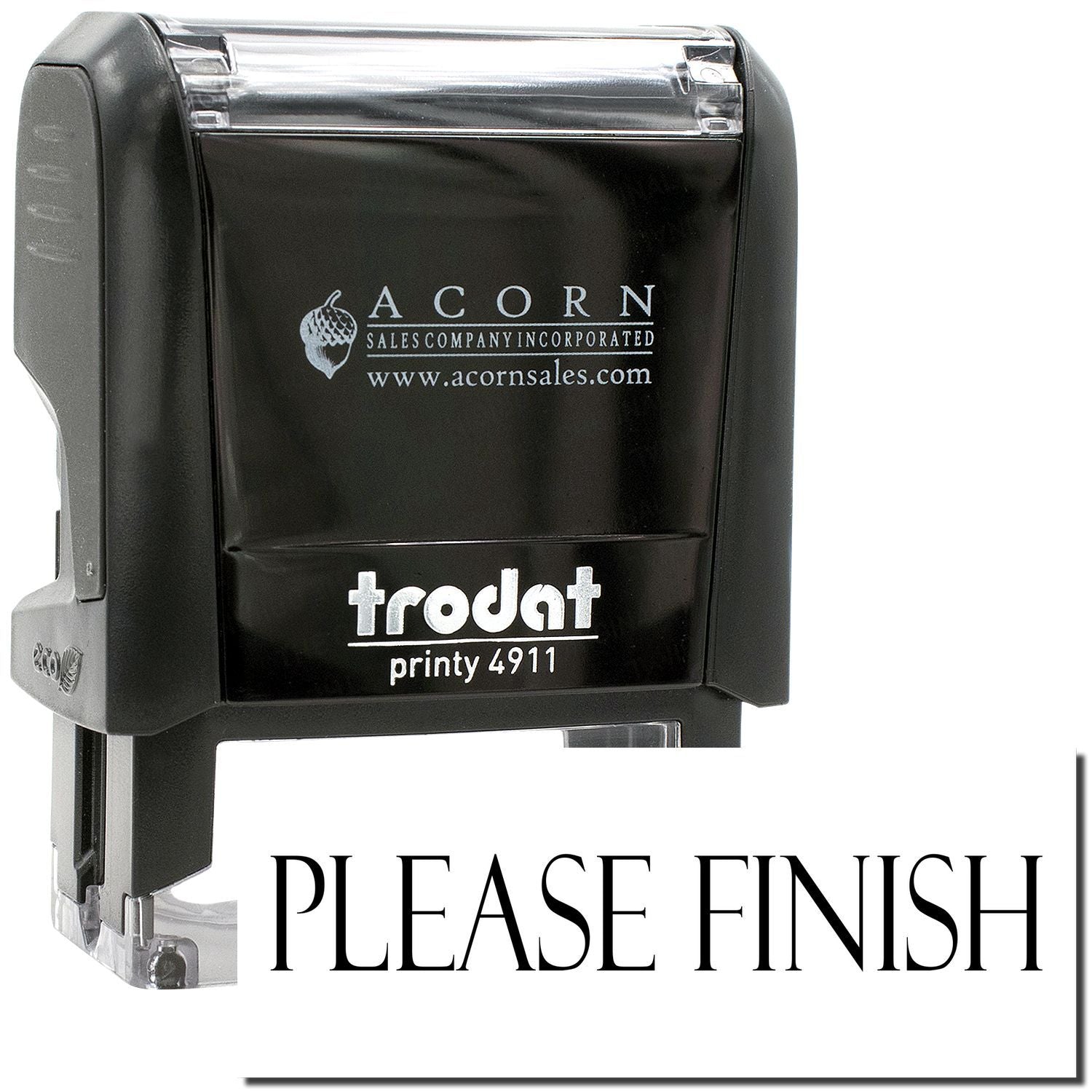 Trodat Printy 4911 self-inking stamp with Acorn Sales Company logo and Please Finish text on a black stamp pad.