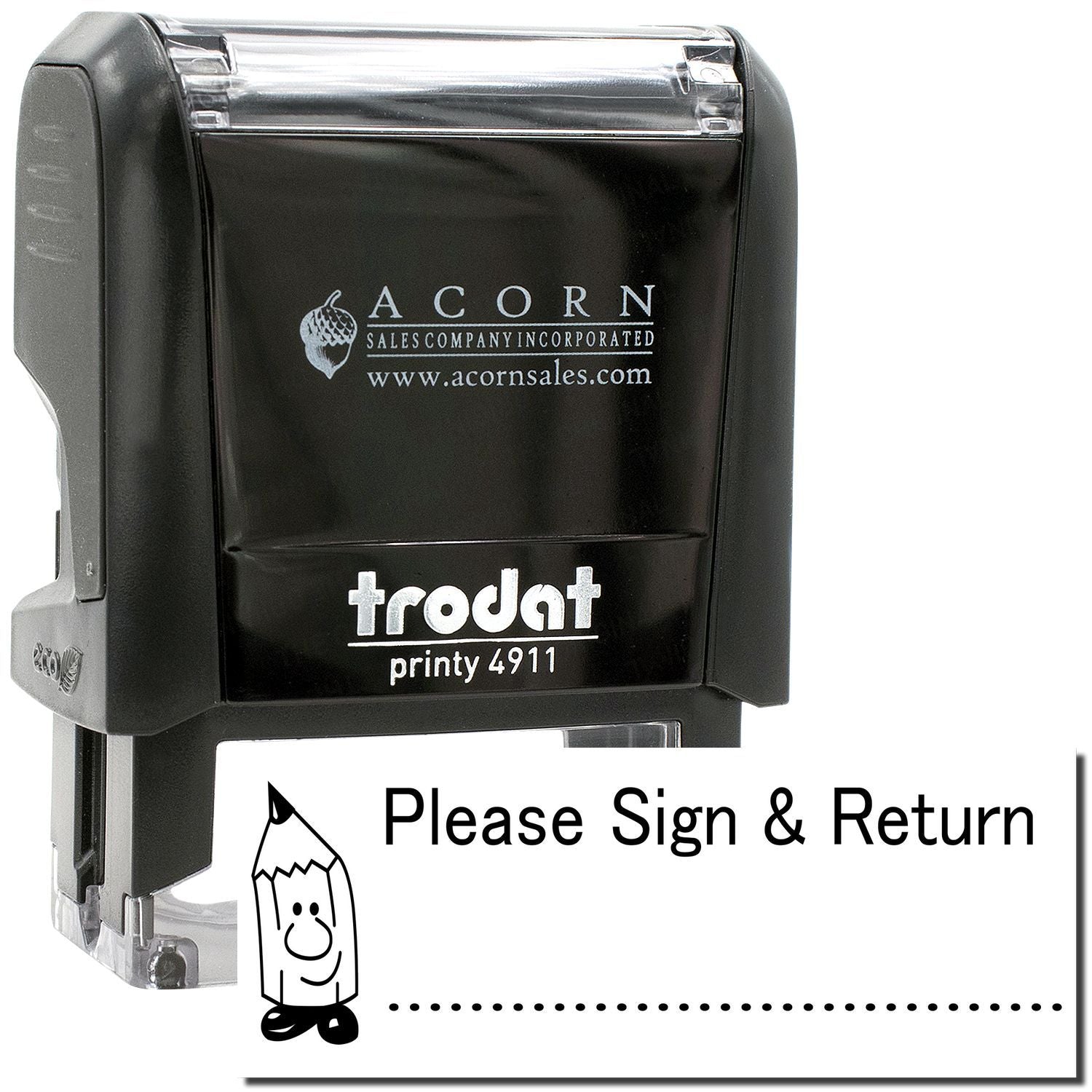 Trodat Printy 4911 self-inking Please Sign & Return office stamp with pencil icon, black and white, Acorn Sales Company logo.